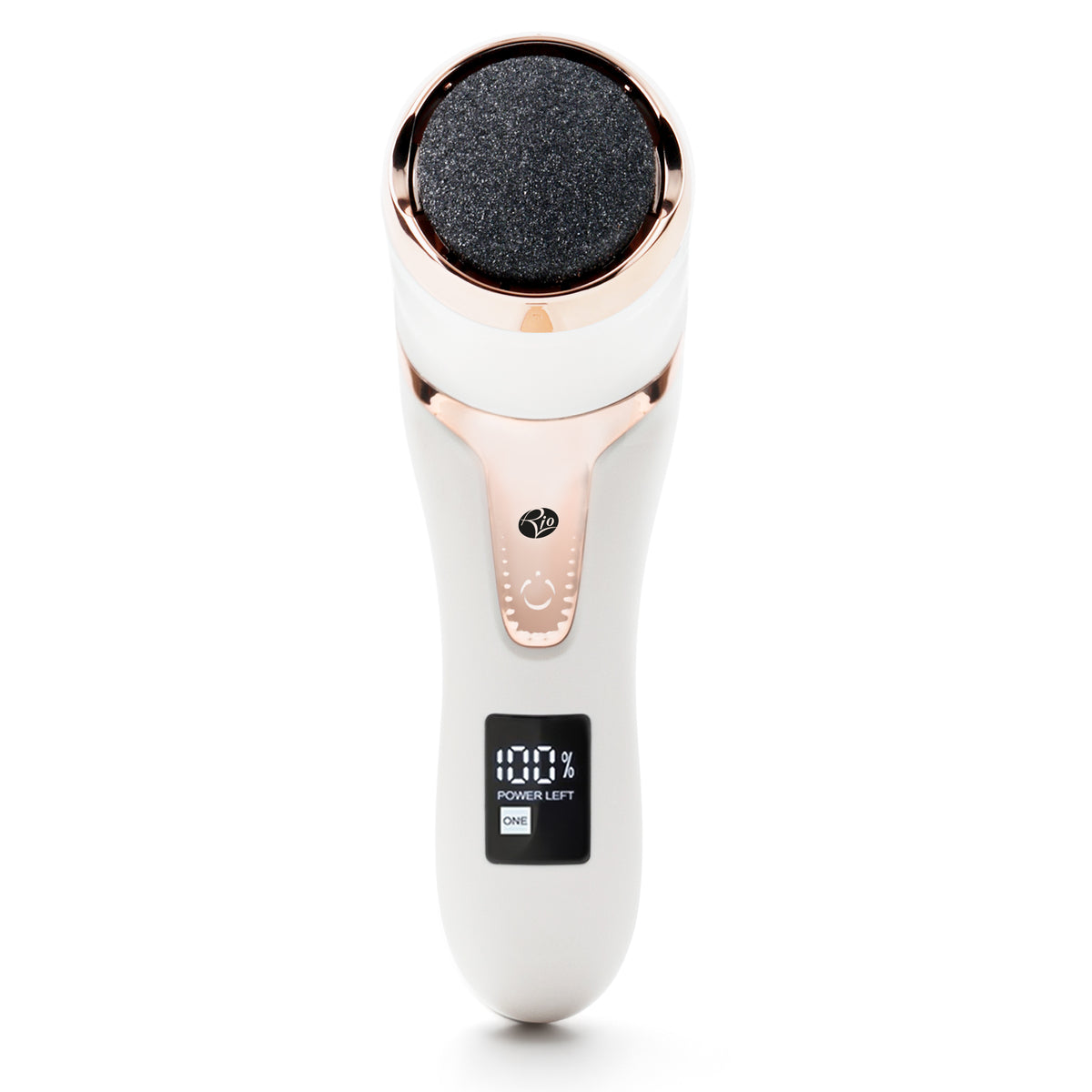 The Rio Go Smooth Electric Foot File Hard Skin Remover with Vacuum Action features a white and rose gold design, black roller, power button, and digital display to show battery percentage—perfect for removing dry skin and smoothing your feet.