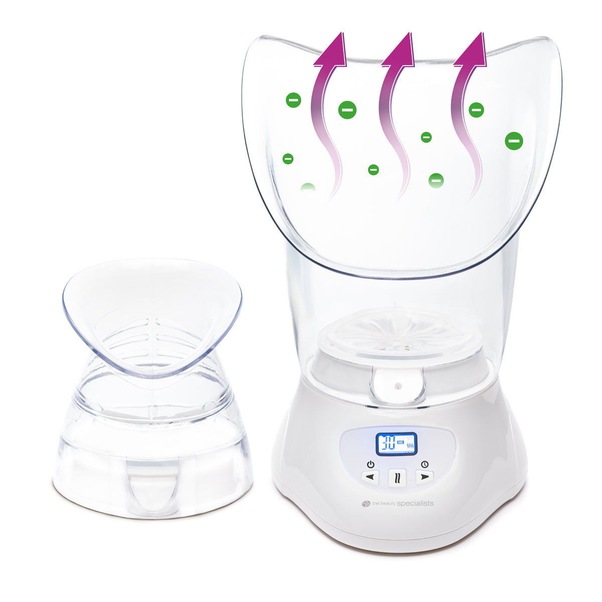 The Rio Facial Sauna Skincare Spa with Steam Inhaler features a digital display, clear mask, and extra smaller attachment for a luxurious home facial treatment, emitting steam and ions for glowing skin.