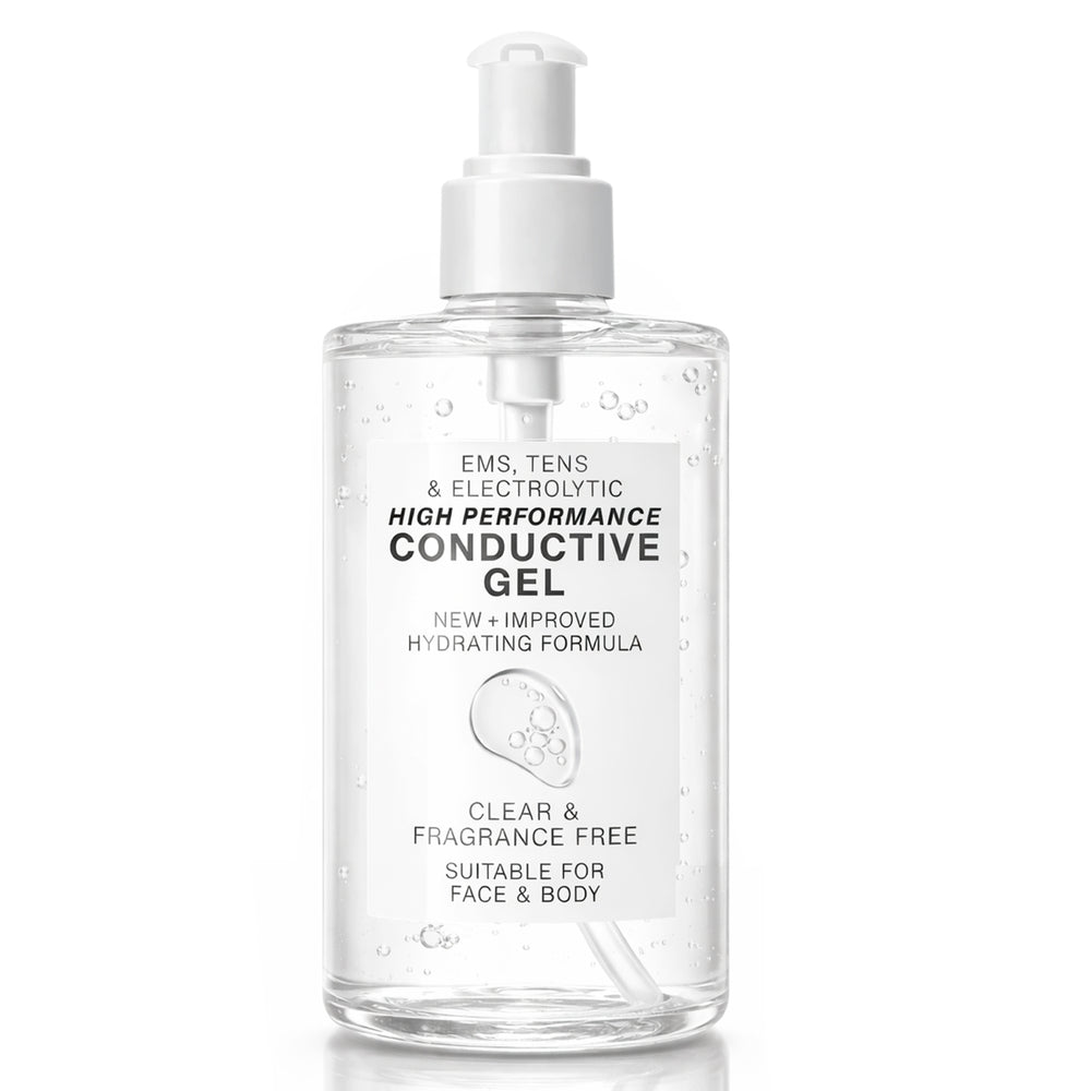 A clear 250ml pump bottle of Rio EMS, TENS, Electrolytic and Micro-Current Toning Conductive Gel features a new hydrating formula. Fragrance-free and suitable for face and body.