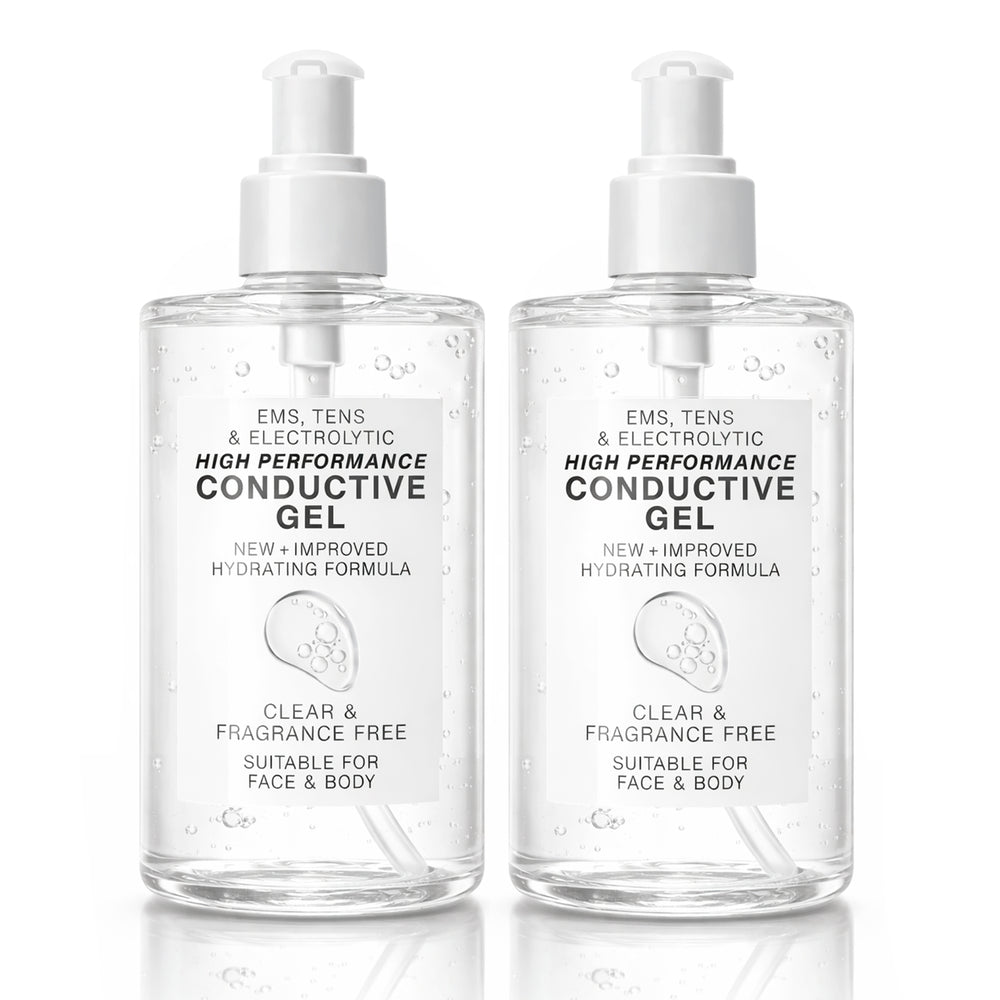 Two clear 250ml Rio bottles of EMS, TENS, Electrolytic & Micro-Current Toning Conductive Gel. This new hydrating, fragrance-free formula is suitable for face and body, ideal for EMS toning and micro-current systems.