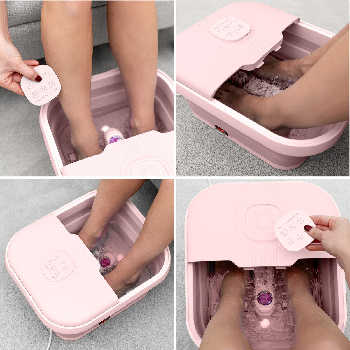 Foot spa in use showing water massage, remote control, and comfortable foot soak setup at home.