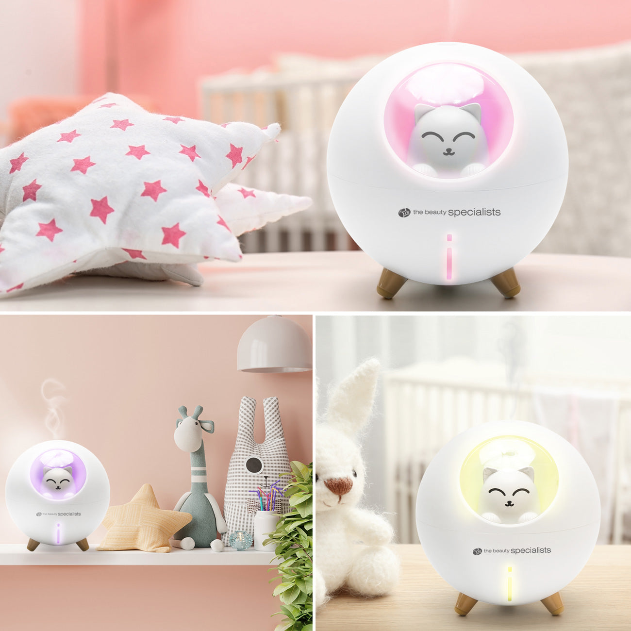 The Rio MIA Cat Childrens Essential Oil Diffuser, Humidifier, and Night Light glows softly on a nursery table, surrounded by plush toys, a star pillow, and pastel baby décor.