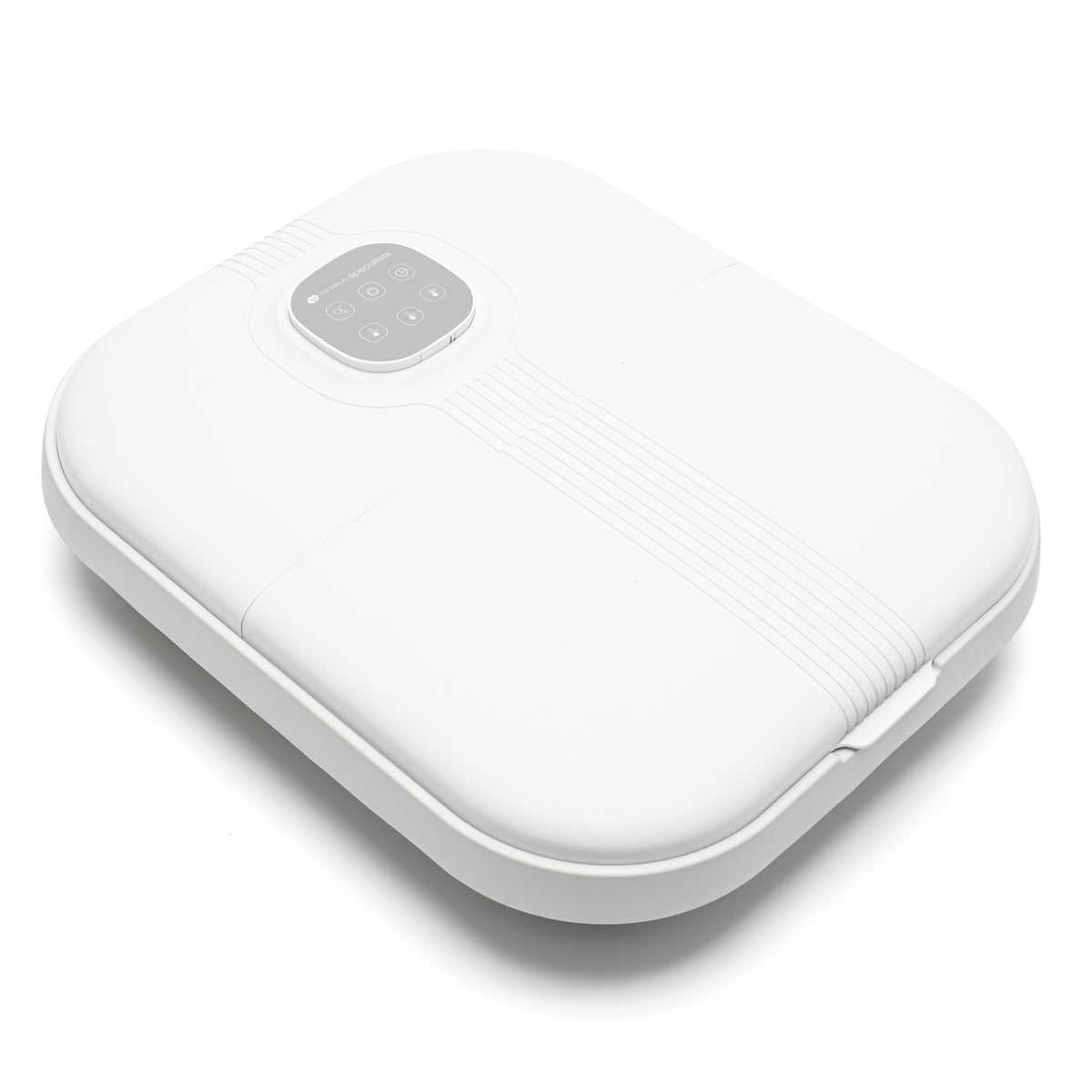 The Rio Deluxe Foldaway Foot Spa Bath is a white, rectangular device with rounded edges, a small touchscreen control panel on top, and subtle textured lines. The luxurious spa is shown closed and resting on a white background.