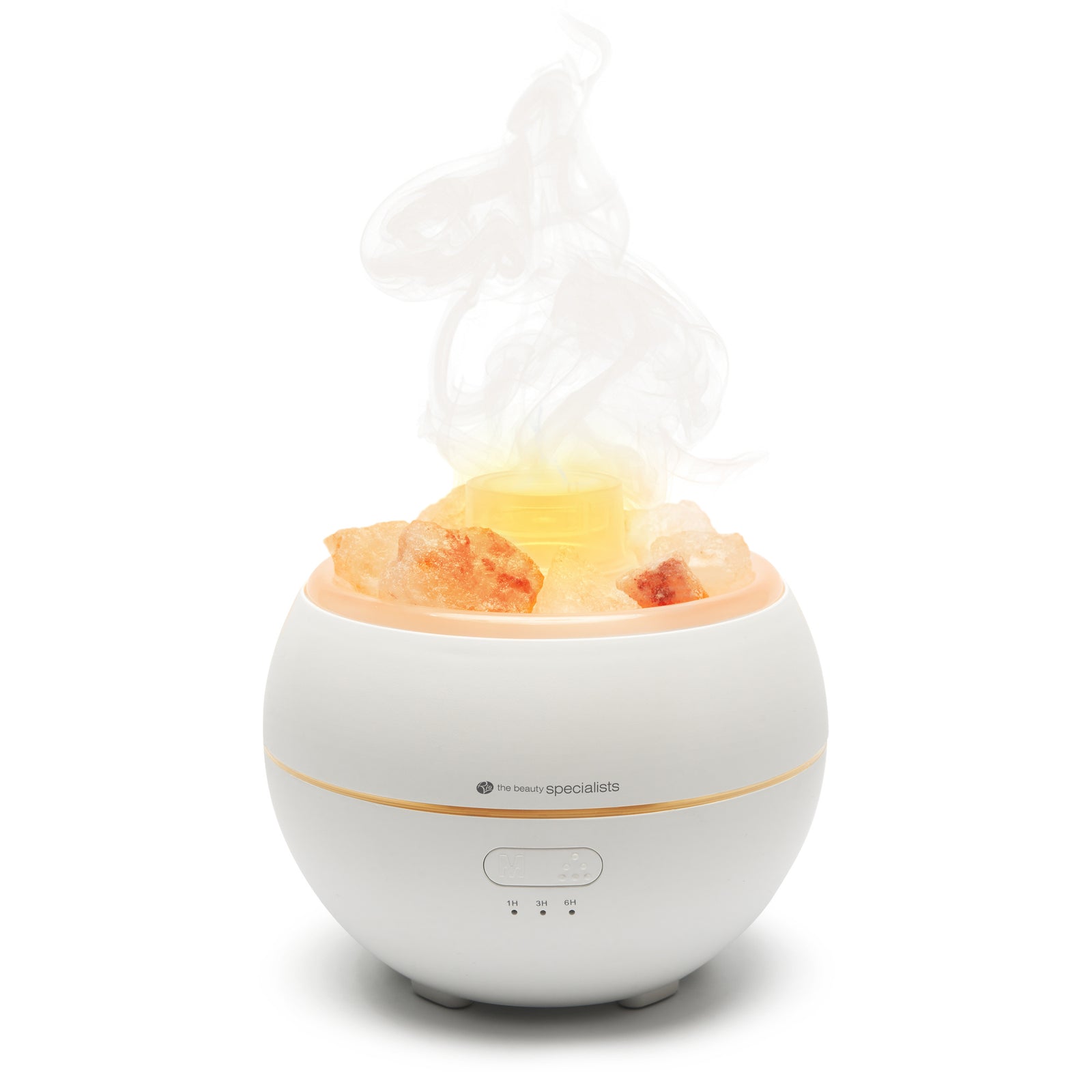 The Rio Aroma Diffuser, Humidifier & Night-Light with Himalayan Rock Salt emits swirling mist and a soothing amber glow from a bowl of orange salt, featuring a front control panel for easy use.