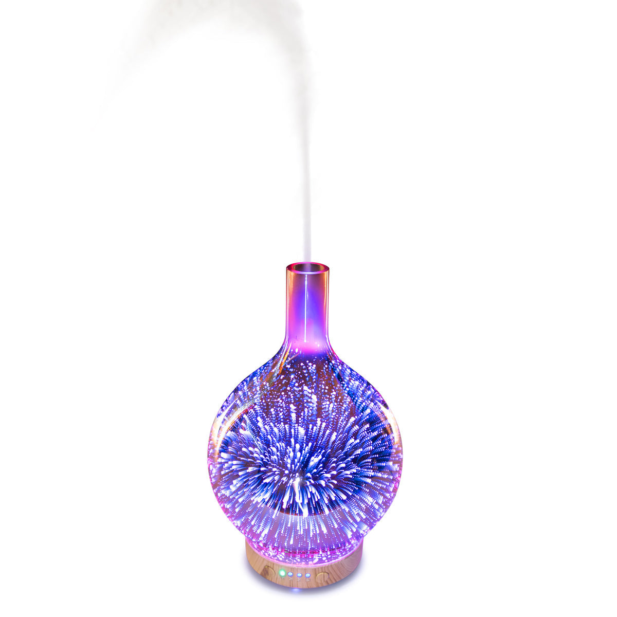 The Rio ELLA Aroma Diffuser, Humidifier, and Night-Light features a round, vase-shaped glass body with colorful fireworks LED lights and a light wood tone base. It emits a fine mist from the top to create a relaxing atmosphere.