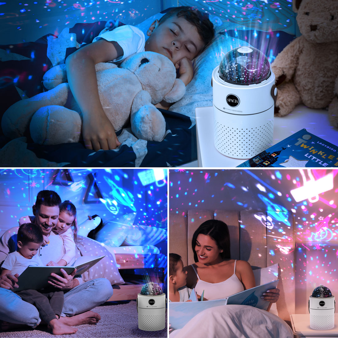 A child sleeps with a teddy bear beside the Rio Galaxy Projector Childrens Essential Oil Diffuser, Humidifier, and Night Light, as families enjoy bedtime stories under colorful lights and star patterns shining on walls and ceiling.