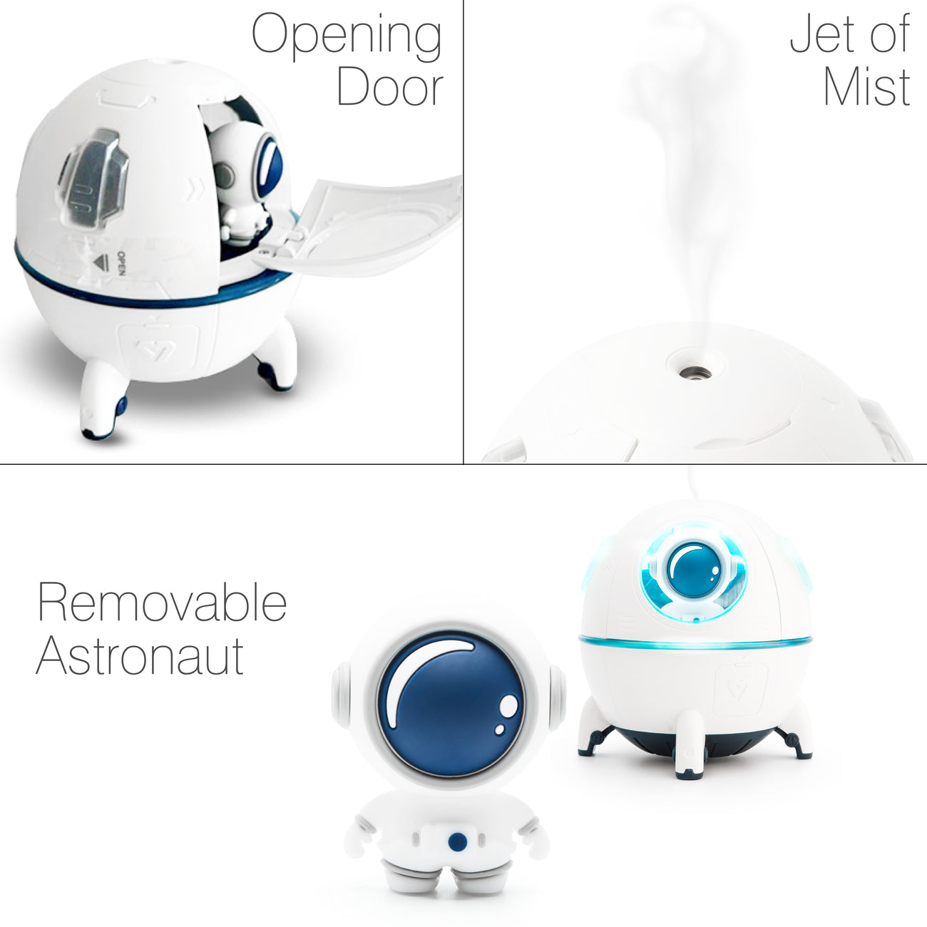 A white, round Rio Spaceship Explorer Childs Essential Oil Diffuser, Humidifier & Night Light with an opening door releases mist; features a removable astronaut and emits a soft glow. Text: Opening Door, Jet of Mist, Removable Astronaut, Night Light.