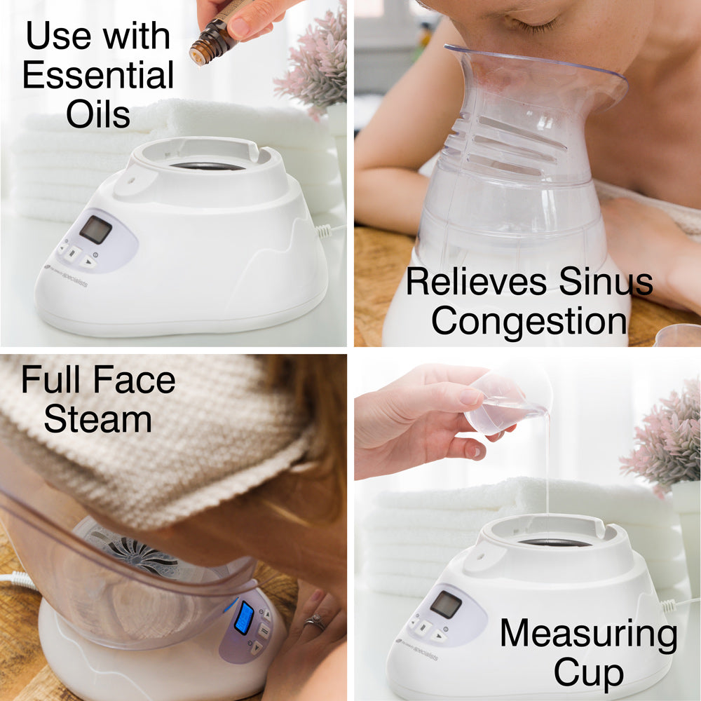 A collage of four images features the Rio Facial Sauna Skincare Spa with Steam Inhaler: adding essential oils, a woman enjoying sinus relief, steam enveloping her face, and pouring water—each image highlighting key home spa functions.