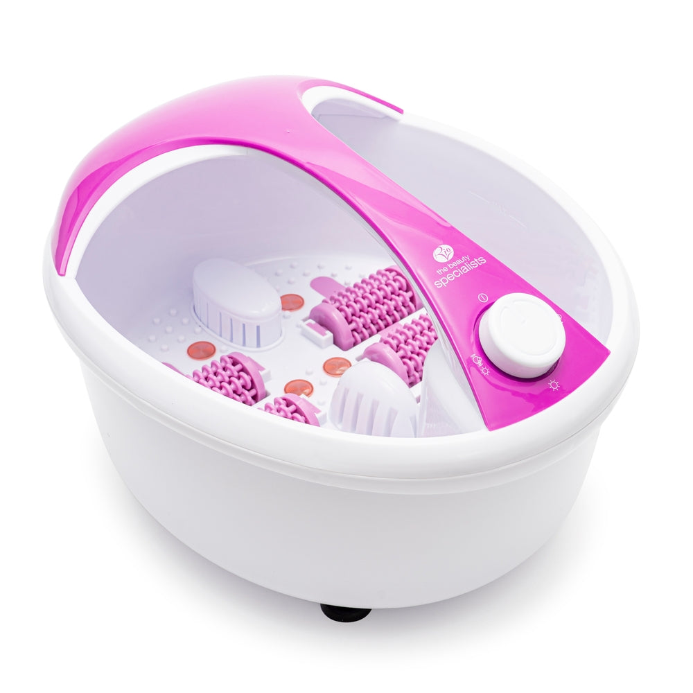 The Rio Deluxe Foot Spa Bath and Massager in purple features removable rollers, brushes, and massage attachments inside the basin, shown on a white background.