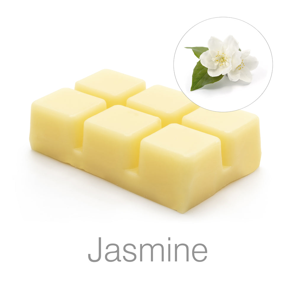The Rio Scented Soy Wax Melt - Jasmine Fragrance is a creamy yellow bar with six segments, ideal for wax burners. It features a jasmine flower image with green leaves in the corner.