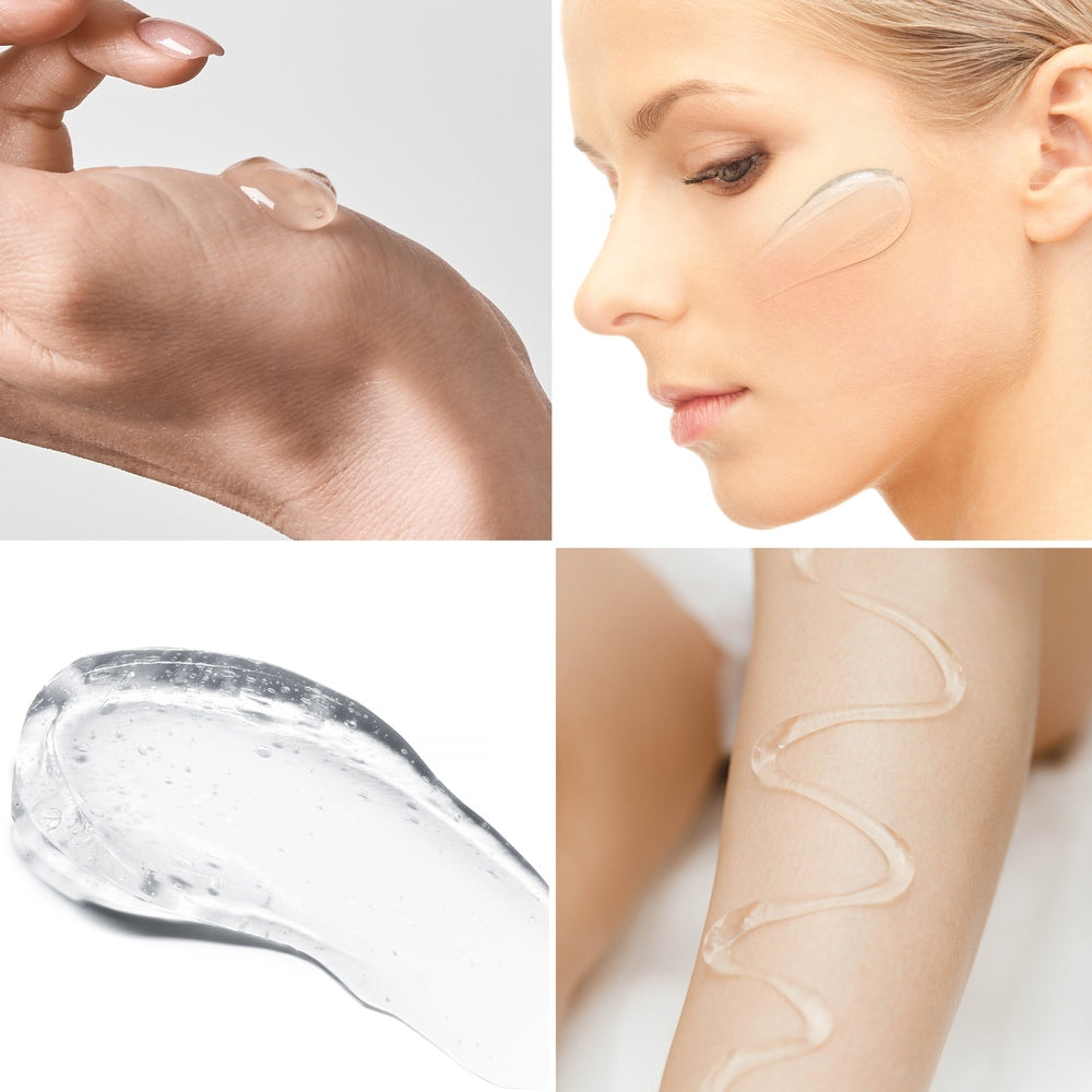 A collage features Rio EMS, TENS, Electrolytic and Micro-Current Toning Conductive Gel 250ml on a hand, a woman applying it to her cheek, a clear gel close-up, and gel swirled on an arm, highlighting its use for toning and micro-current skincare treatments.