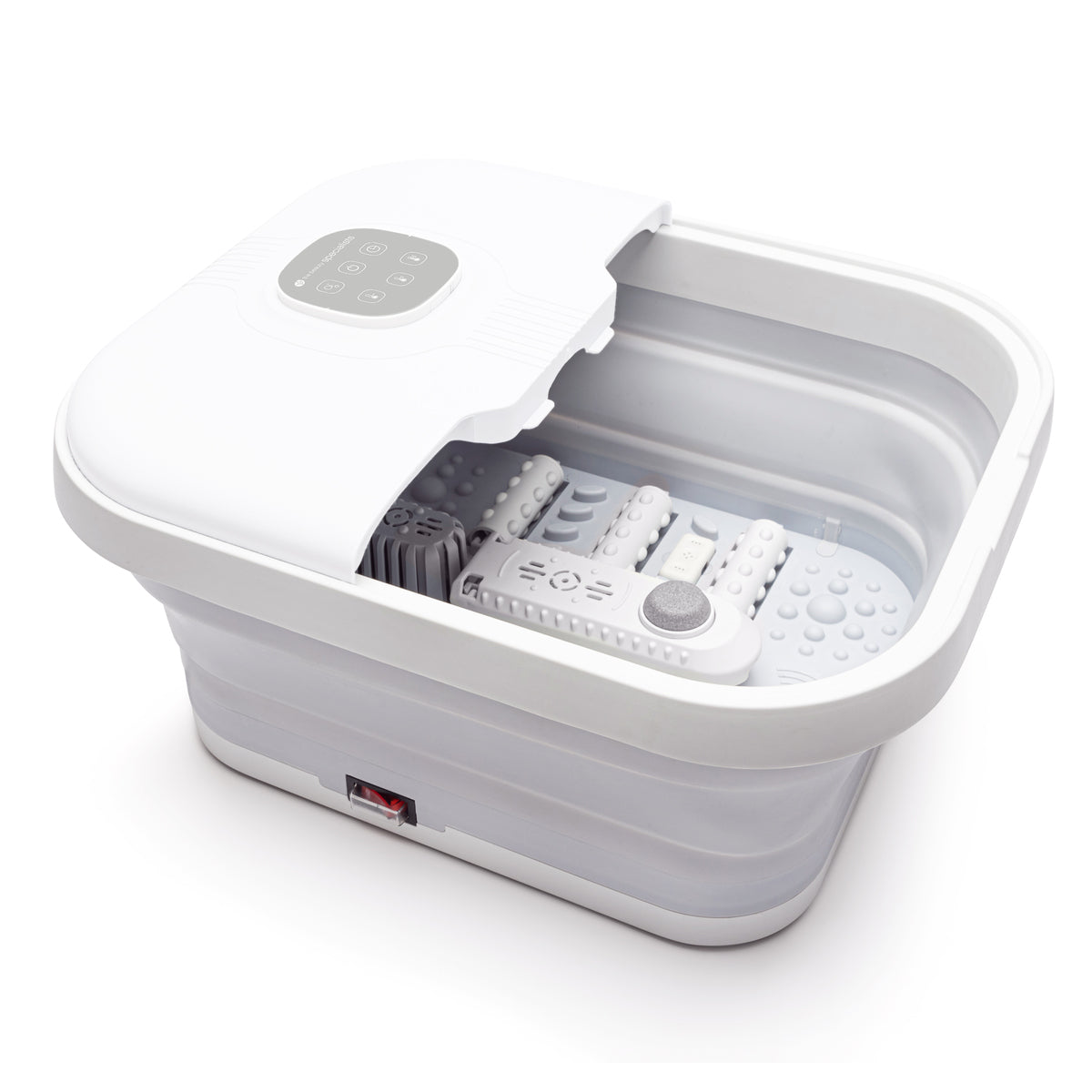 The Rio Deluxe Foldaway Foot Spa Bath is a white, rectangular electric spa with a digital control panel, textured rollers for massage, and a partially closed lid—ideal for at-home foot relaxation and treatment.