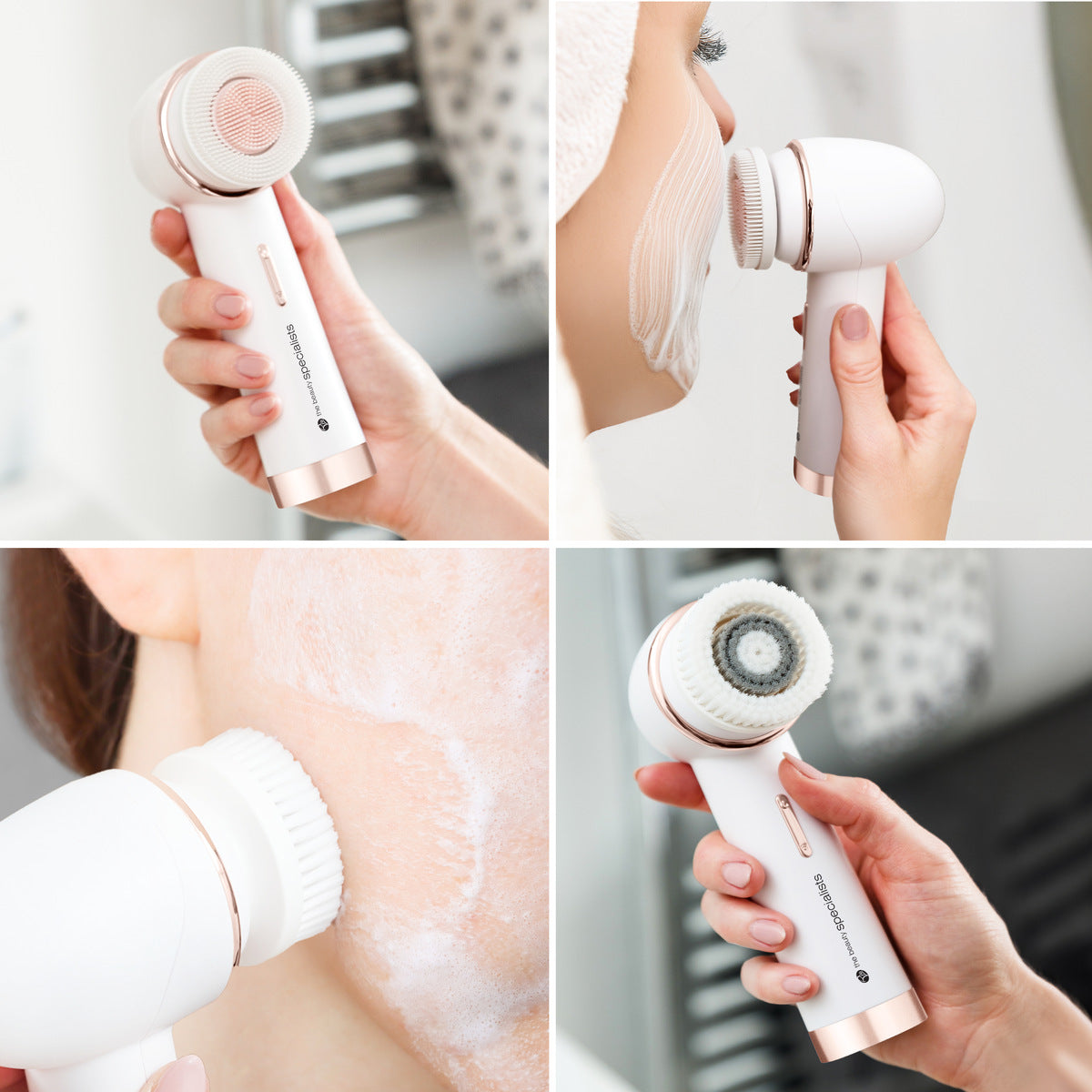 A collage of four images shows a person using the Rio the Beauty Specialists PURE CLEANSE Deep Cleansing & Exfoliating Facial Brush for deep cleansing, applying cleanser, lathering, and holding the white and rose gold device close-up during their skincare routine.