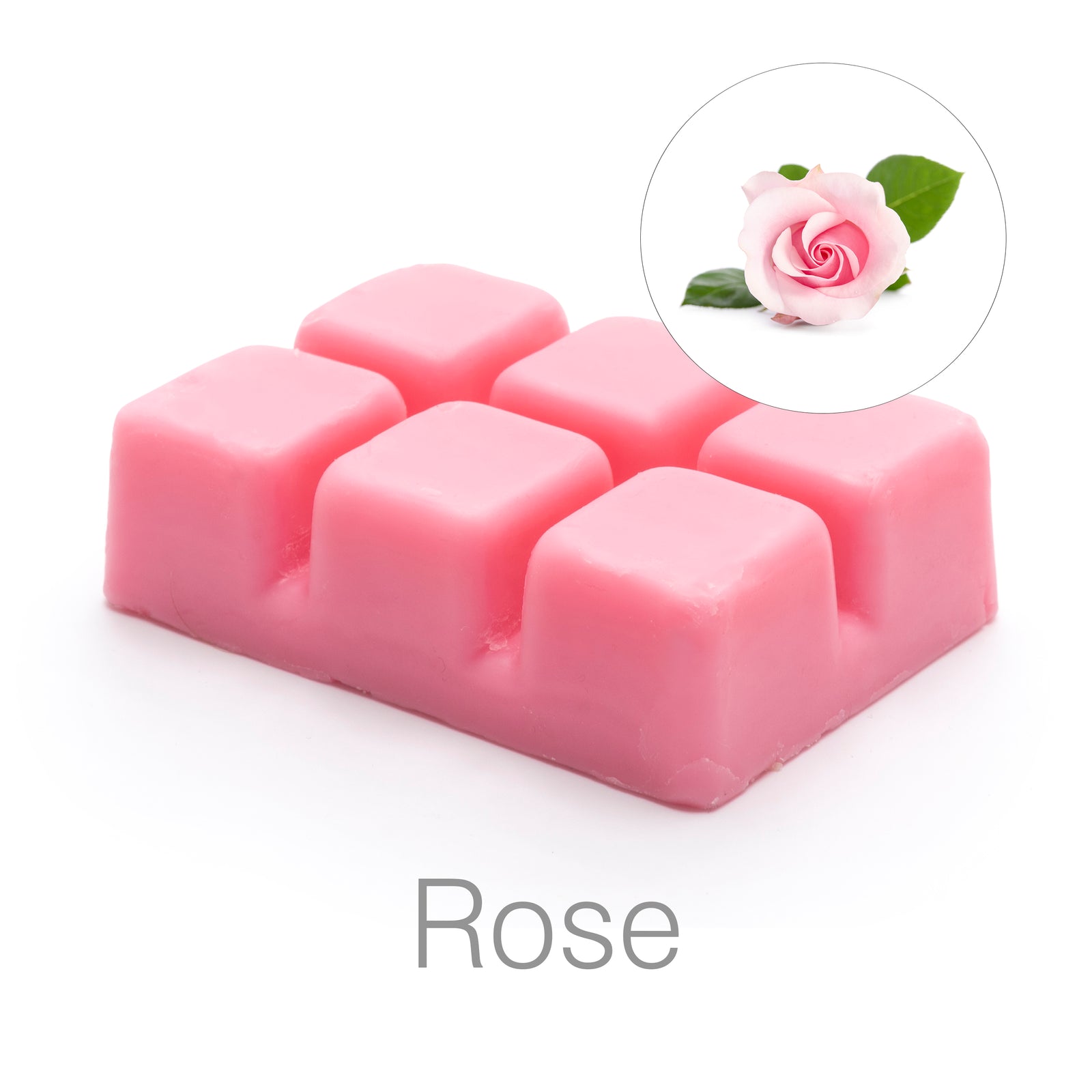A pink, segmented Rio Scented Soy Wax Melt block from the Pack of 5 Fragrances is labeled Rose. An inset rose image highlights its floral scent—ideal for use in wax burners.