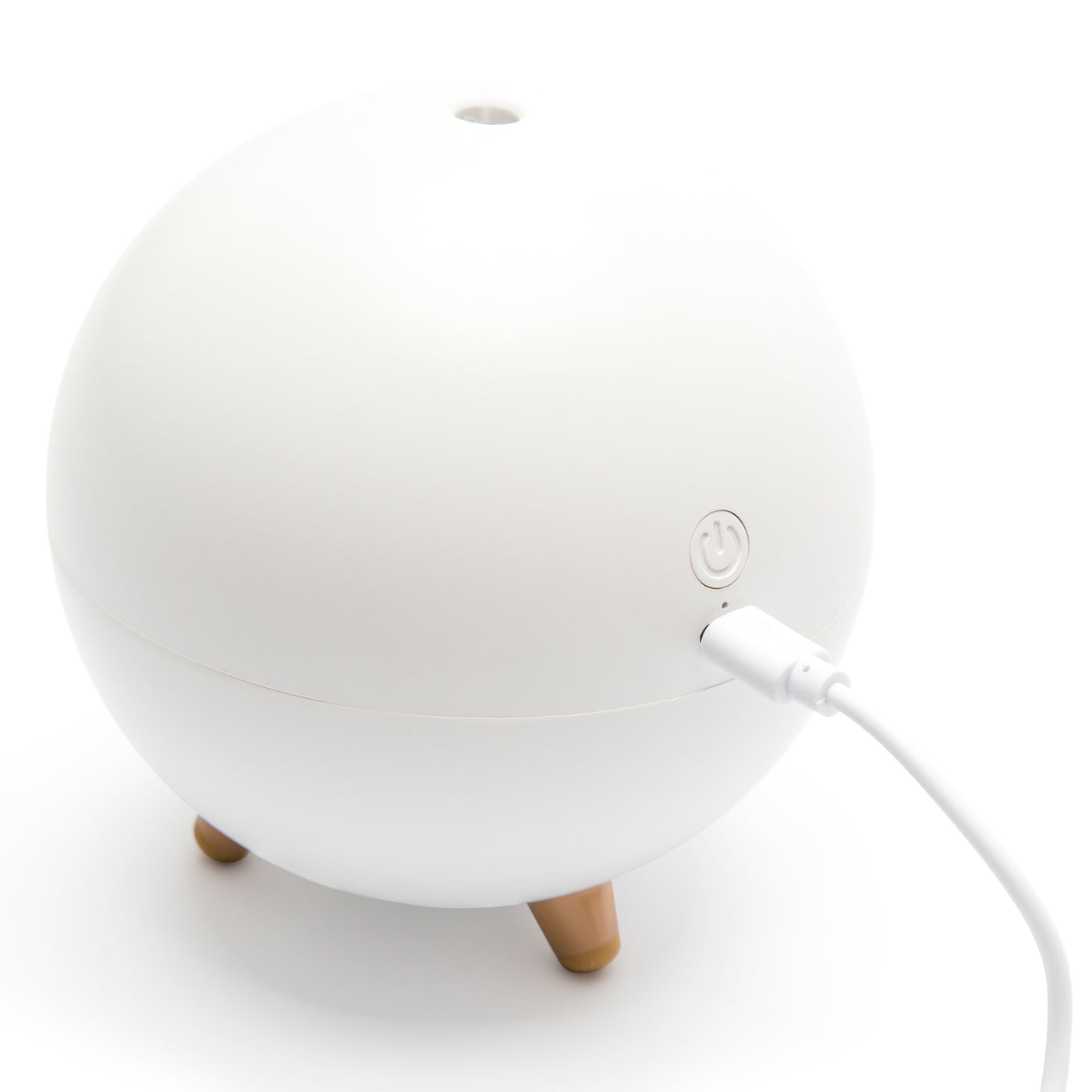 The Rio MIA Cat Childrens Essential Oil Diffuser, Humidifier, and Night Light is shown on a white background. A power button and white charging cable are visible, plugged into the side of this cute and stylish device.