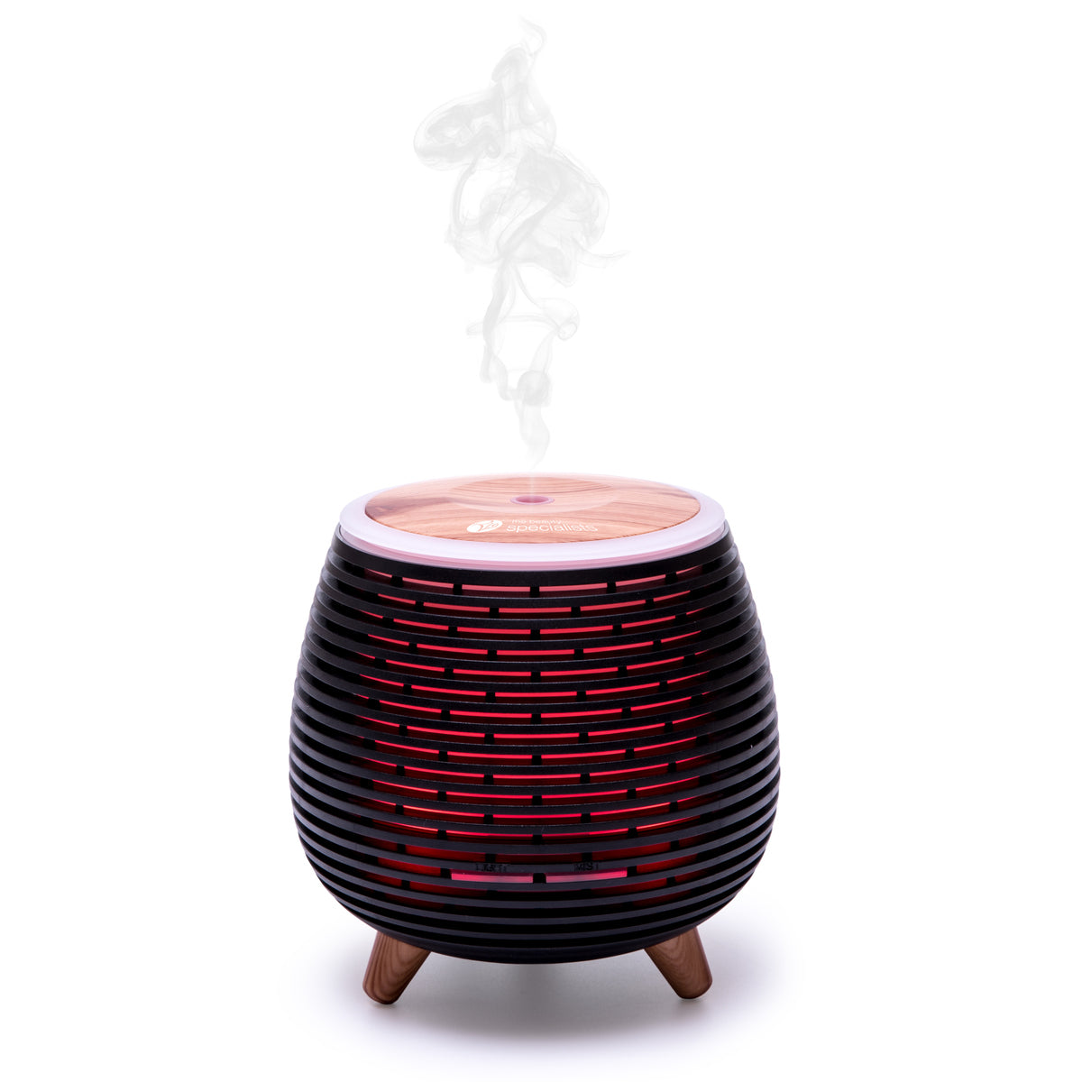 The Rio ZOEY Aroma Diffuser, Humidifier & Night-Light features a modern round design with a wood top, black slatted sides, red interior glow, and three wooden legs—releasing vapor to create a calming, peaceful atmosphere.
