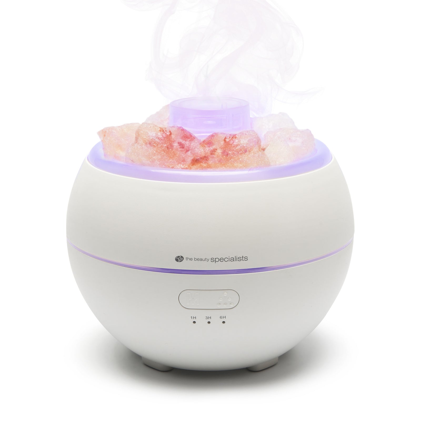 The Rio Aroma Diffuser, Humidifier & Night-Light features a white round design with pink Himalayan rock salt, visible mist on top, soft purple lighting, and front control buttons.