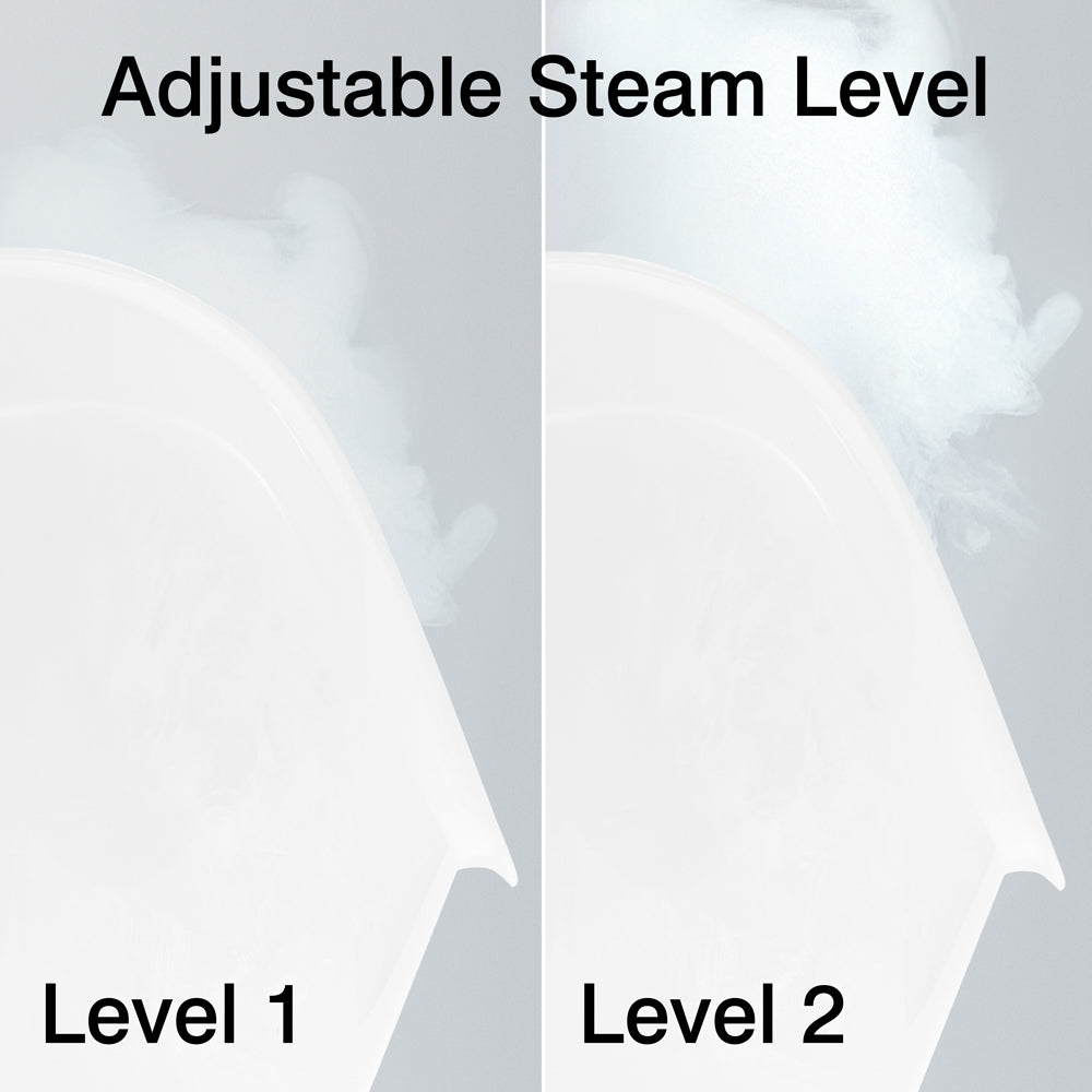 Split image of the Rio Facial Sauna Skincare with Steam Inhaler shows Level 1 emitting less steam on the left and Level 2 with more steam on the right. Text: “Adjustable Steam Level.” Ideal for customized facial or inhalation sessions.