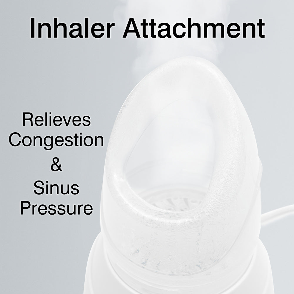 A close-up of the Rio Facial Sauna Skincare with Steam Inhaler emitting steam, featuring Inhaler Attachment at the top and Relieves Congestion & Sinus Pressure on the left.