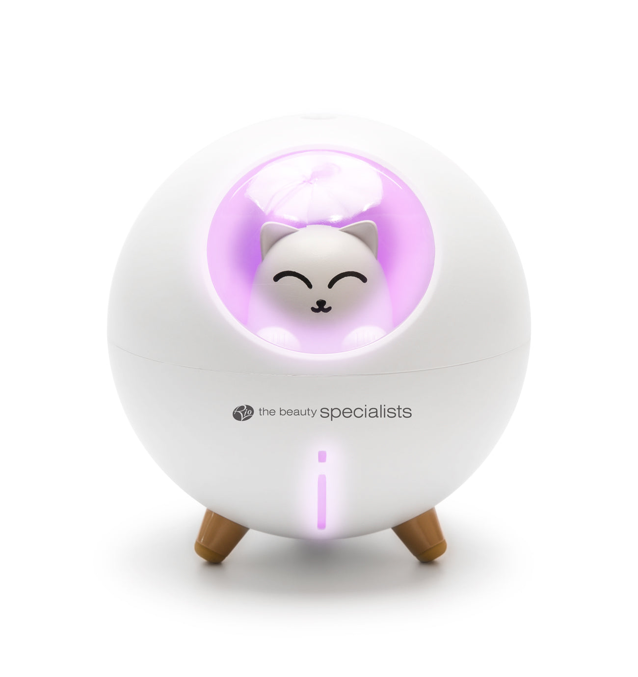 The Rio MIA Cat Children’s Essential Oil Diffuser, Humidifier, and Night Light features a round white design with wooden legs, a cute cat figure in a purple-lit dome, and “the beauty specialists” on the front.