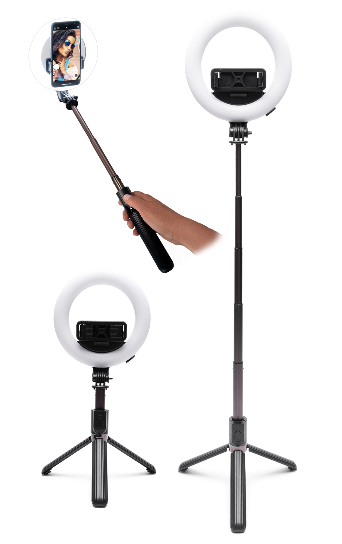 The Rio GlamourGlow Pro Beauty & Vlogging Ring Light, featuring a smartphone holder on a telescopic tripod stand, is perfect for vlogging or makeup. A hand holds a selfie stick with a phone showing a womans selfie.
