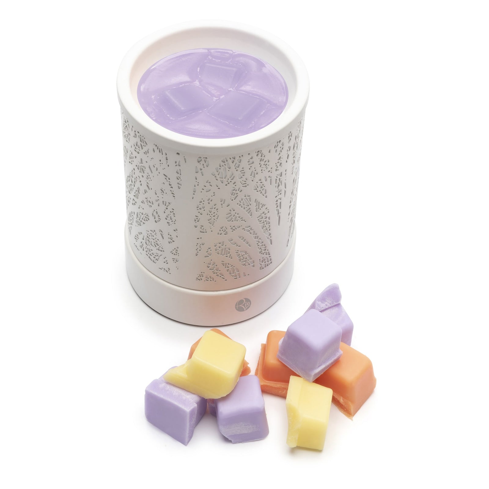 A white electric wax warmer with a cutout pattern melts Rio Scented Soy Wax Melts—Pack of 5 Fragrances—in purple, shown beside stacks of orange, yellow, and purple soy wax melt blocks.
