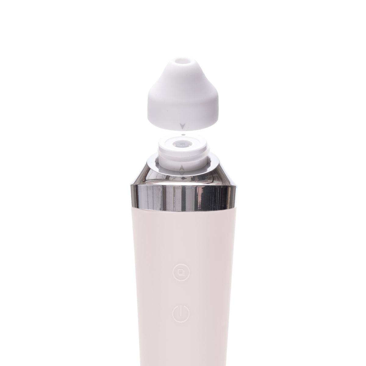 A close-up of the Rio Pore Perfection, a white electronic device with a removable silicone suction tip for personalised skincare and pore cleansing, isolated on a white background.