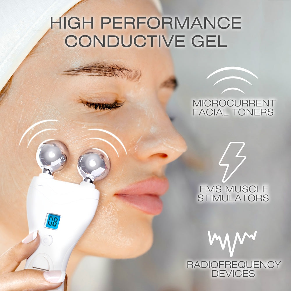 A woman applies Rio EMS, TENS, Electrolytic and Micro-Current Toning Conductive Gel 250ml with a blue-display facial device for microcurrent and EMS toning. The gel is recommended for optimal results with microcurrent and radiofrequency devices.