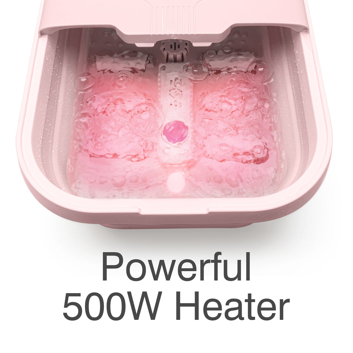 Foot spa with 500W heater and hydro bubbles for fast water heating and soothing foot massage.