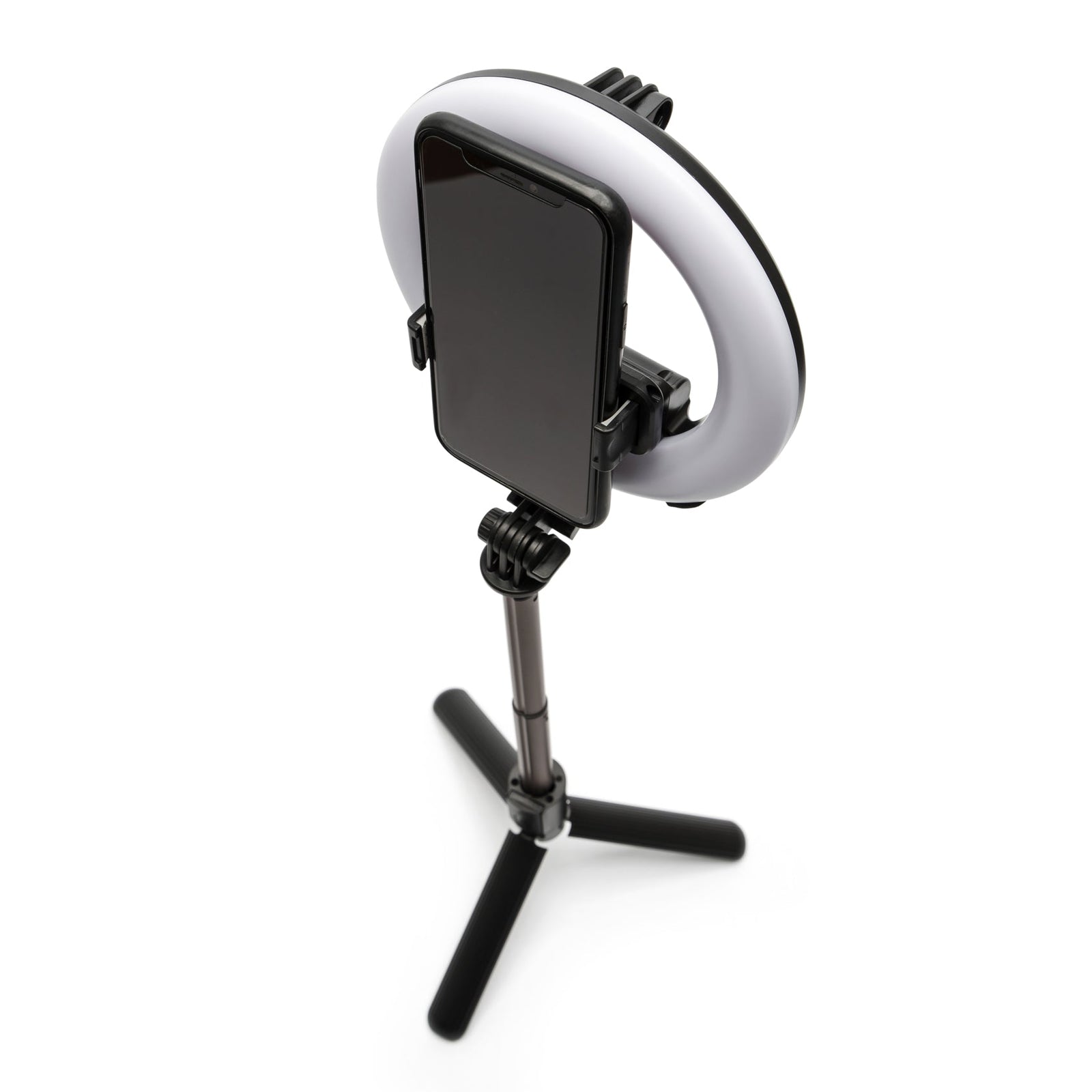 The Rio GlamourGlow Pro Beauty & Vlogging Ring Light features a phone mount in the center and a sturdy tripod—ideal for makeup tutorials and vlogging. Seen from above on a white background, it’s perfect for creators.