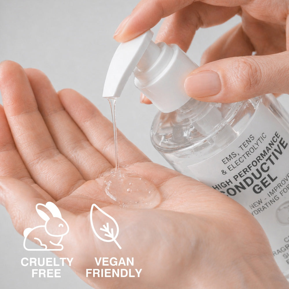 A hand dispenses Rio EMS, TENS, Electrolytic and Micro-Current Toning Conductive Gel 250ml onto a palm. Ideal for EMS toning and micro-current systems, it is cruelty-free and vegan-friendly.