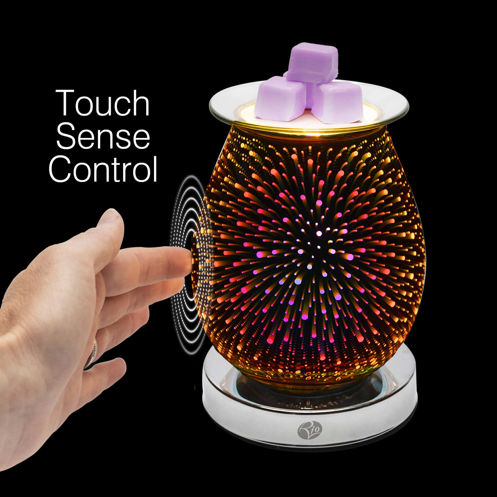 A hand reaches toward the Rio Alura Wax Melt Burner & Aroma Diffuser Lamp, glowing with colorful lights and purple wax cubes on top. Touch Sense Control shows its operated by touch.