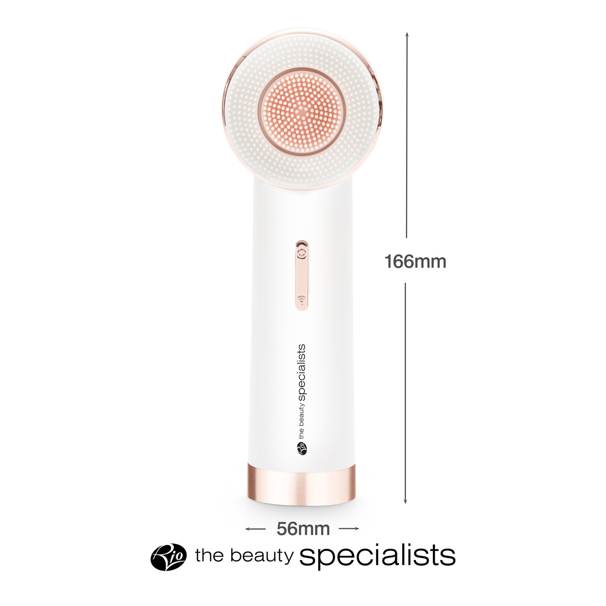 The PURE CLEANSE Deep Cleansing & Exfoliating Facial Brush by Rio the Beauty Specialists, in white and rose gold (166mm x 56mm), features the brand’s logo on front—ideal for your skincare routine.