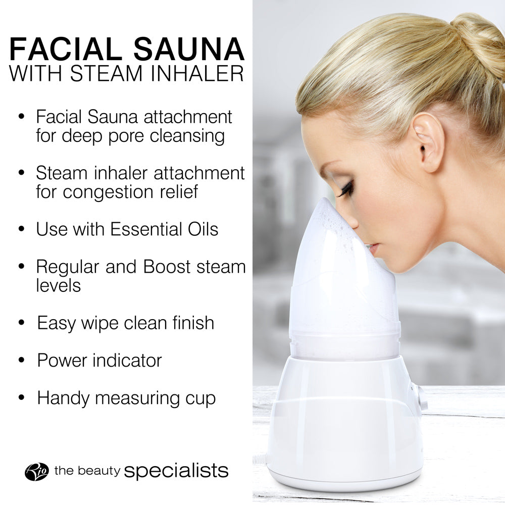 A woman uses the Rio Facial Sauna Skincare with Steam Inhaler for deep pore cleansing, congestion relief, and essential oil use. Features include adjustable steam, easy cleaning, power indicator, and a measuring cup.