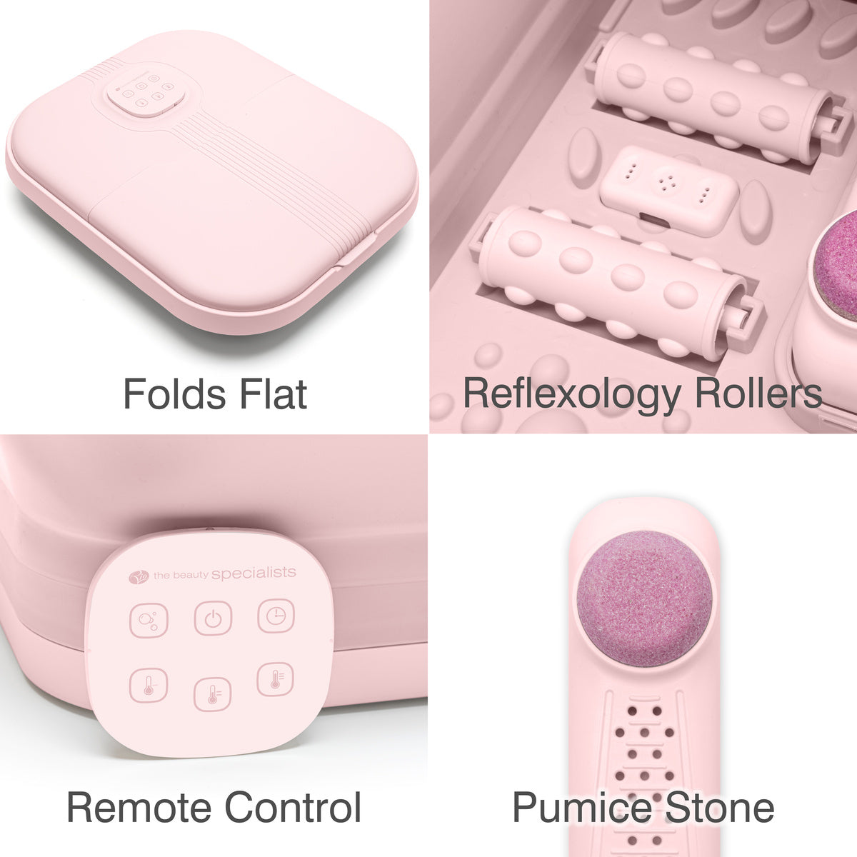 The Rio Deluxe Foldaway Foot Spa Bath in pink is displayed in four panels: folded flat, with reflexology rollers, remote control with labeled buttons, and pumice stone attachment—each feature shown for an at-home spa experience.