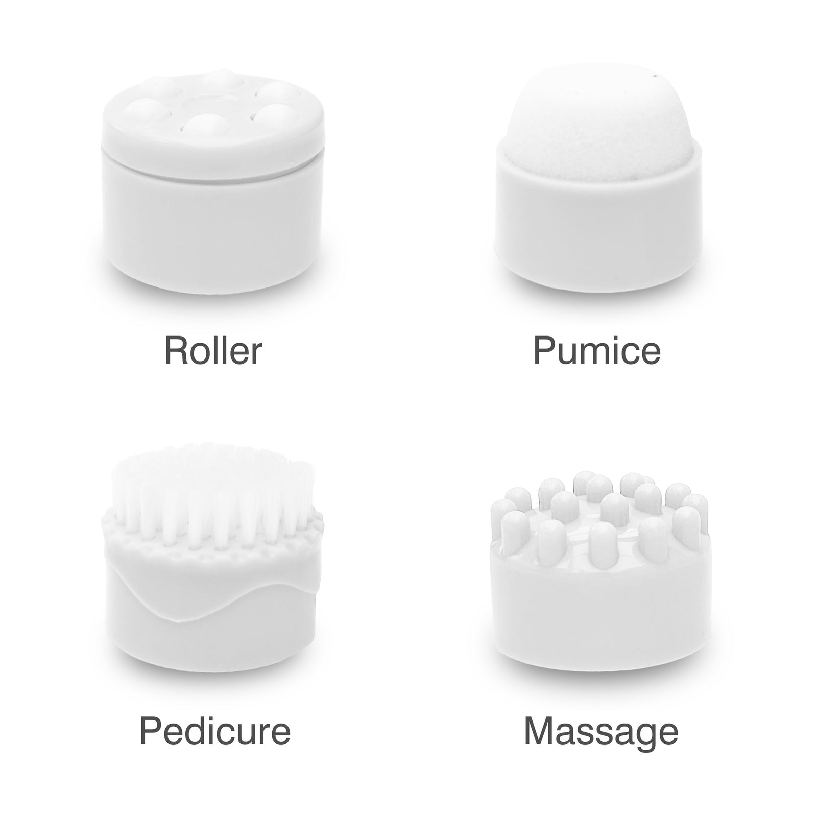 Four white interchangeable tool heads for the Rio Soothing Waves Foot Bath Spa & Massager—Roller, Pumice, Pedicure, and Massage—each with unique textures and shapes for a relaxing experience, displayed on a white background.