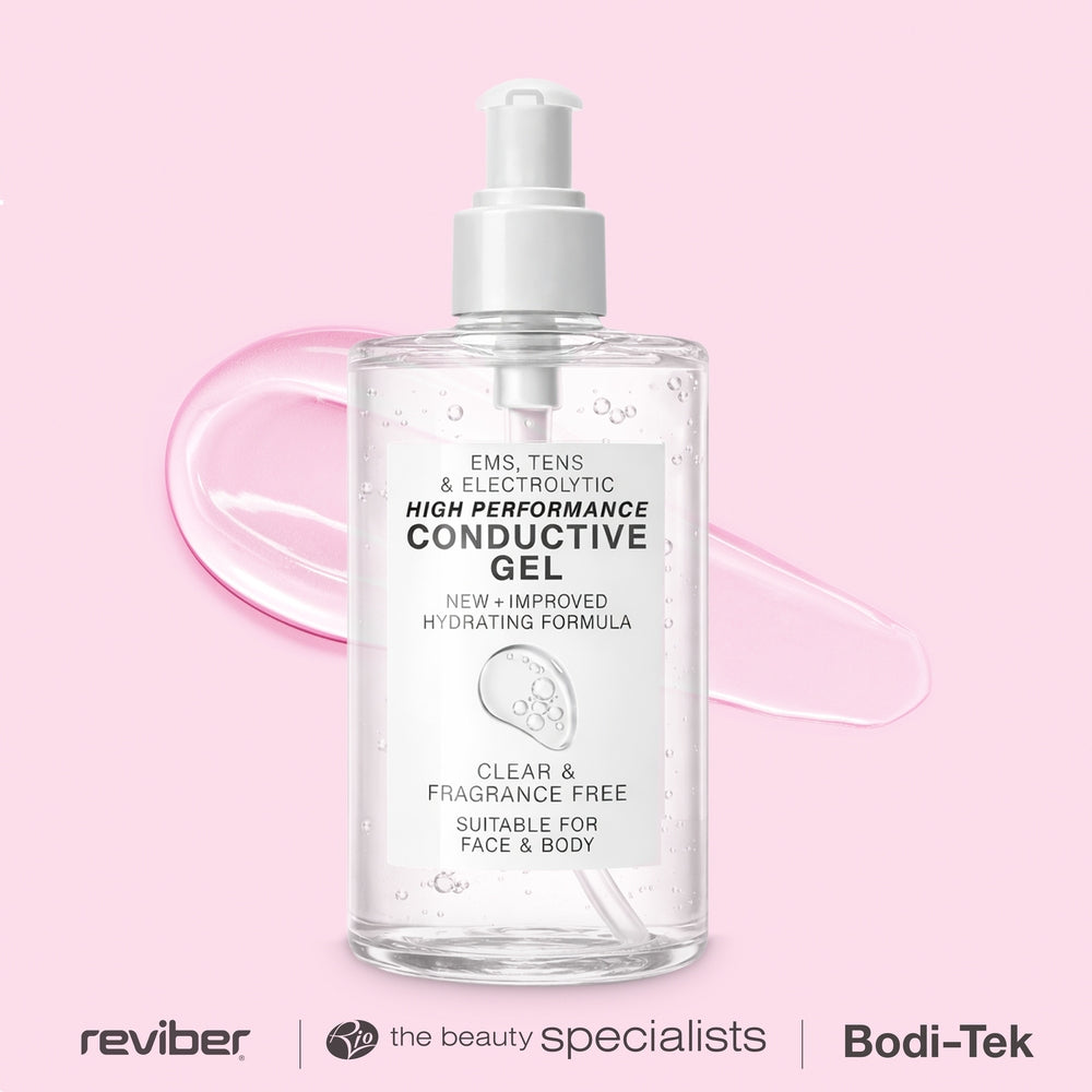 A clear pump bottle of Rio EMS, TENS, Electrolytic and Micro-Current Toning Conductive Gel 250ml stands on a light pink background with gel smeared behind it. The label highlights its use for face and body toning with a clear, fragrance-free, hydrating formula.