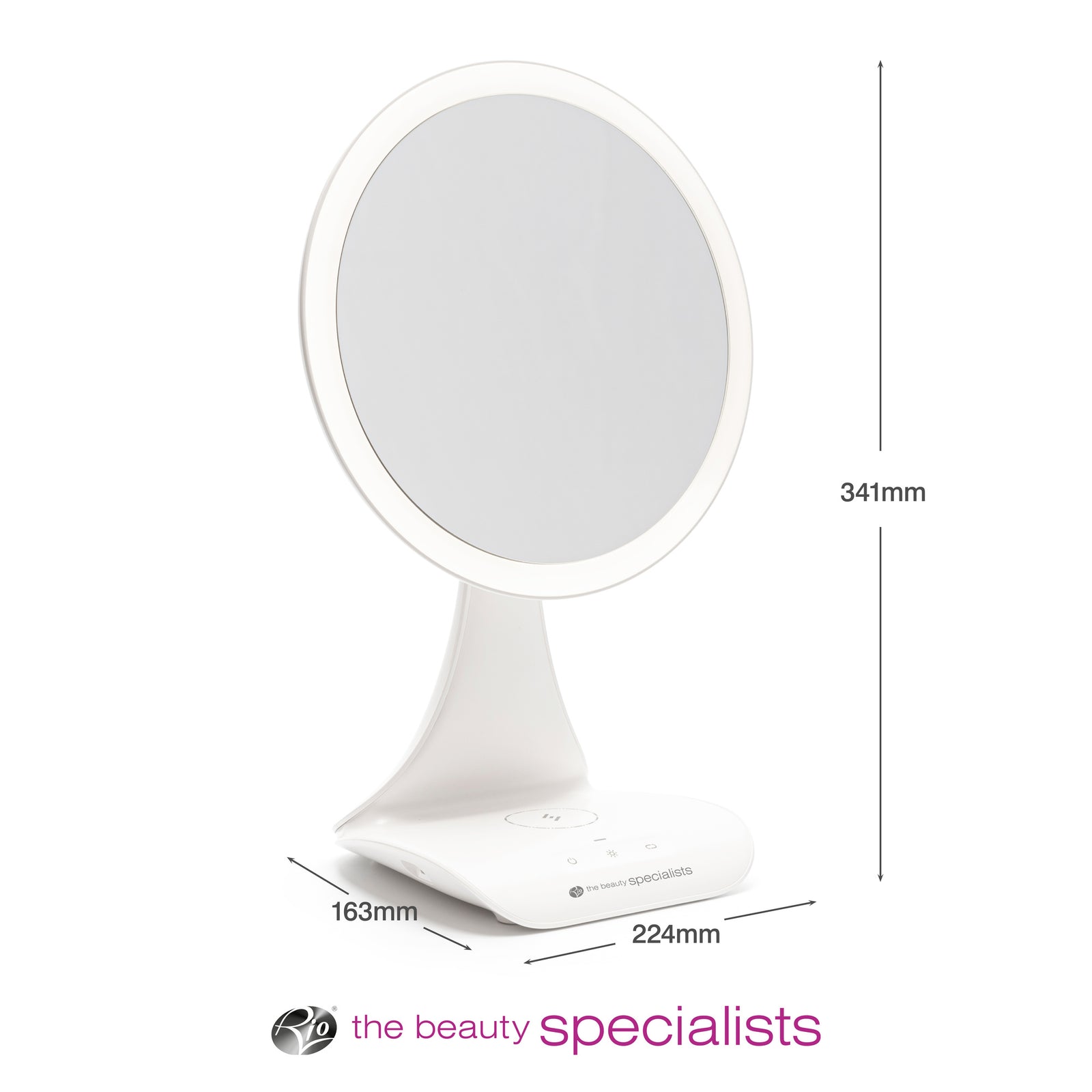 The Rio 5x magnification LED makeup mirror with wireless charging station features a white circular design, built-in stand, dimensions of 341mm tall, 224mm wide at the base, and 163mm deep, with the beauty specialists logo at the bottom.