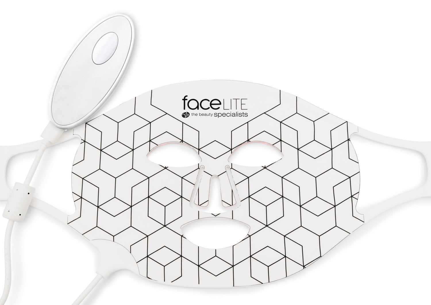 The Rio faceLITE beauty boosting LED face mask features white design with geometric black lines, cutouts for eyes, nose, mouth, and a wired handheld controller—ideal for energizing skin or targeting visible signs of ageing.