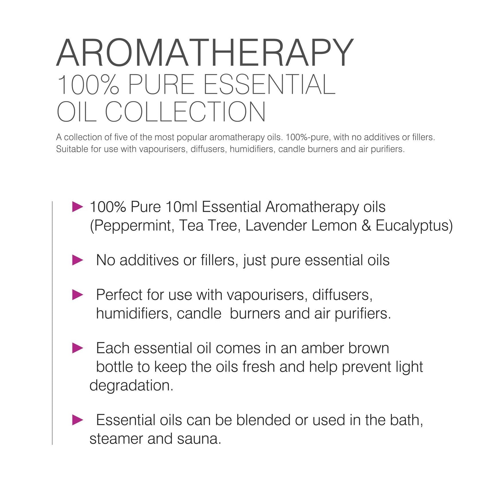 bulleted text listing features of rio aromatherapy 100% essential oil collection 100% pure 10ml essential aromatherapy oil no additives or fillers just pure essential oil perfect for use with vaporisers diffusers humidifiers candle burners and air purifiers each essential oil comes in an amber brown bottle to keep the oils fresh and help prevent light degradation essential oils can be blended or used in the bath steamer and sauna