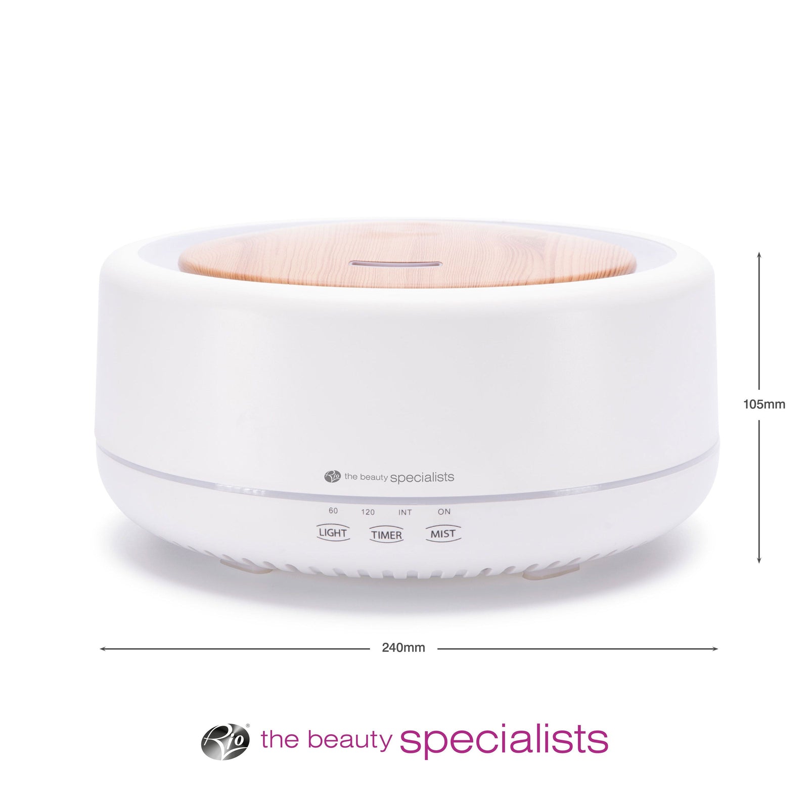 The Rio ENYA Aroma Diffuser, Humidifier & Night Light is a white, round device with a wood-grain top, light/timer/mist buttons, and measures 240mm wide by 105mm tall. The Beauty Specialists logo appears below the diffuser.
