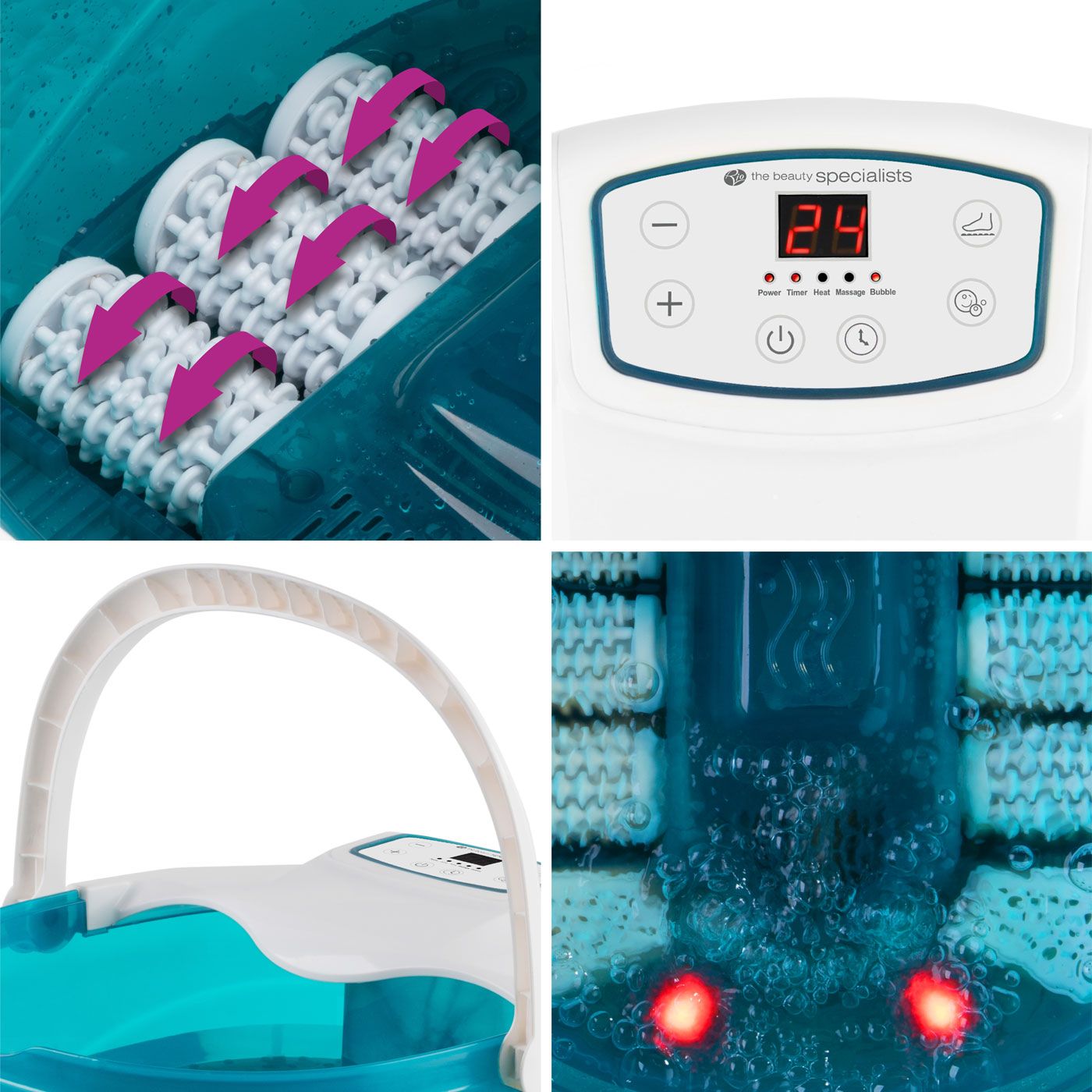 close ups of foot rollers, digital display screen and controls, carry handle and infrared lights