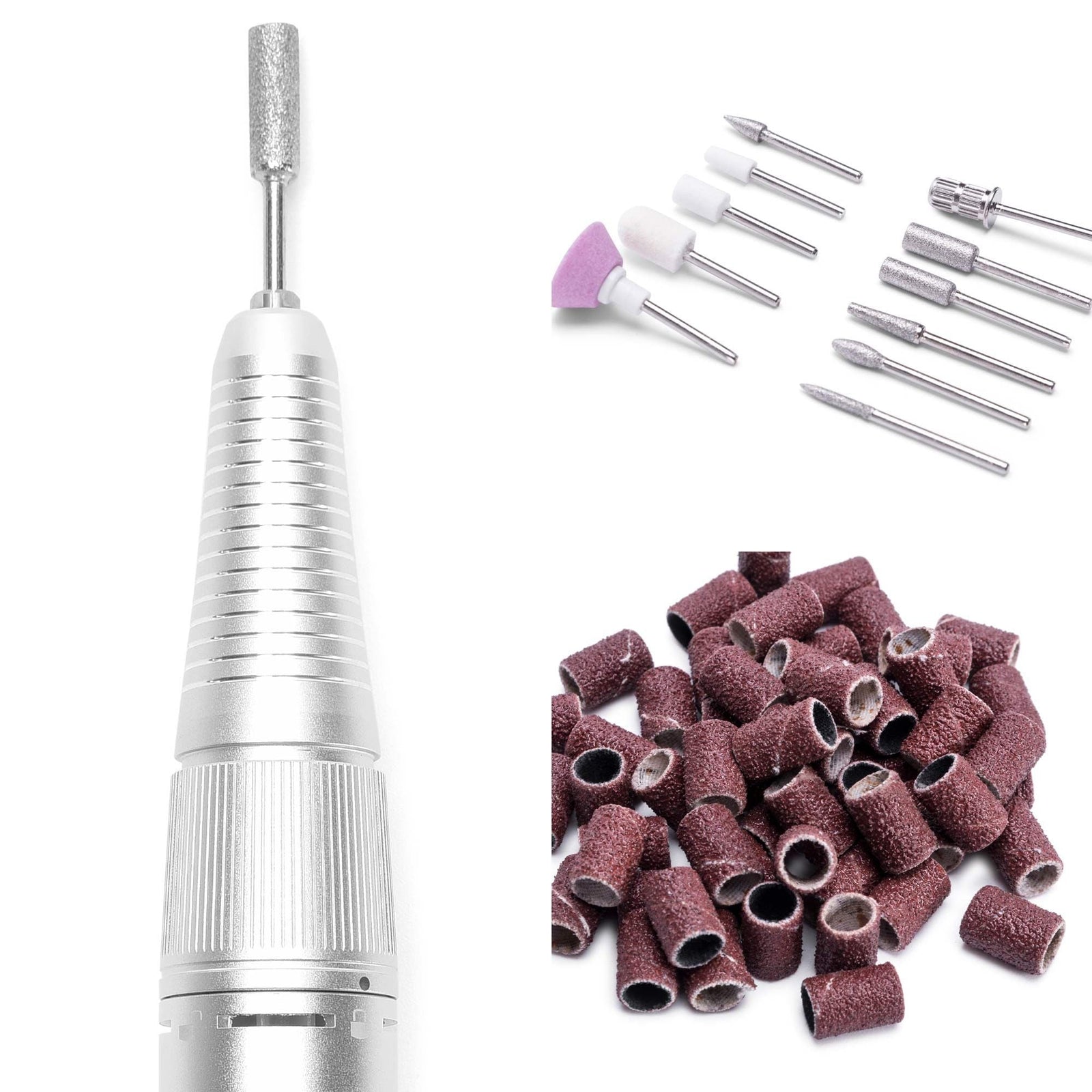 close up of drill head attached to hand piece, 11 interchangeable drill heads and mandrel head sanding bands