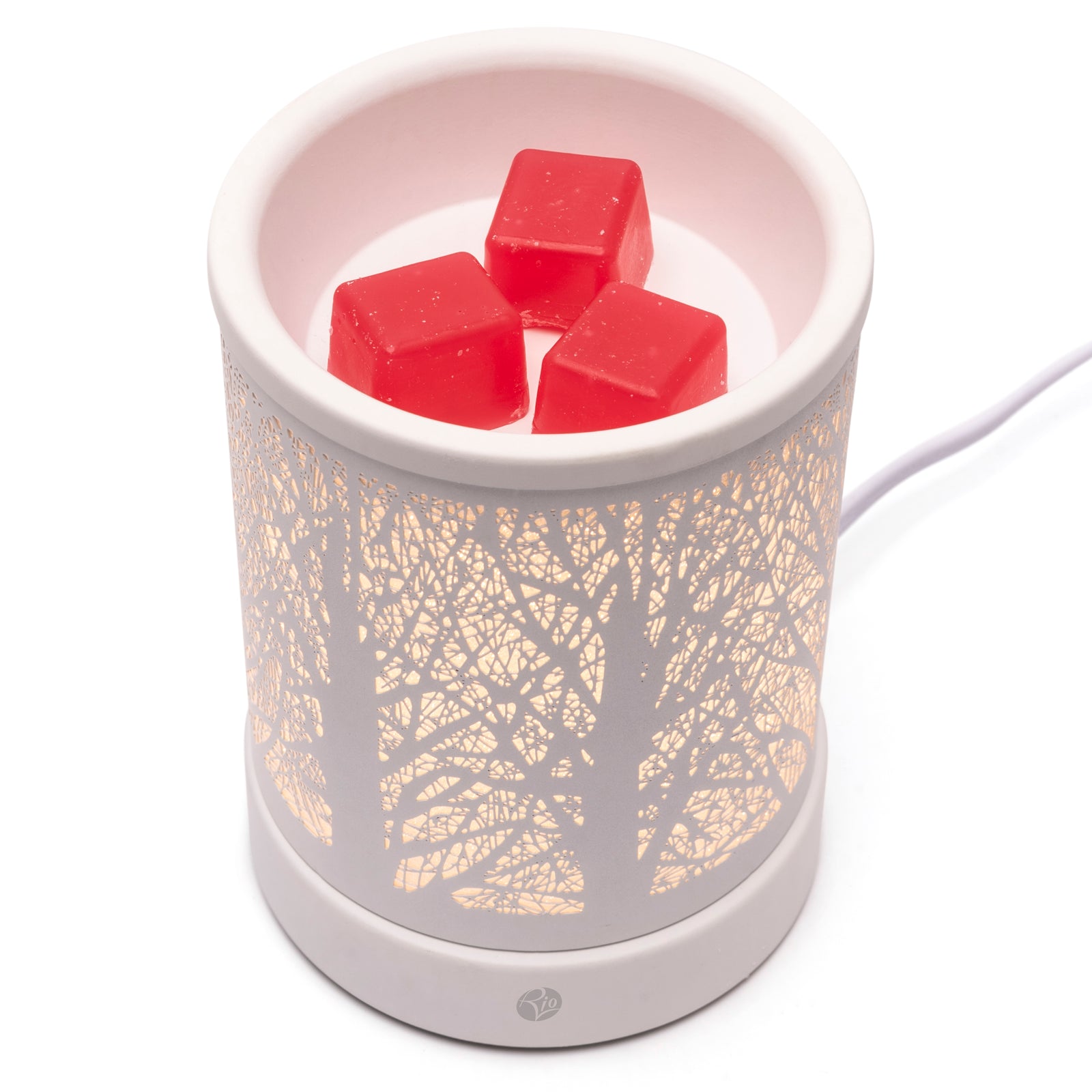 The Rio FORA Wax Melt Burner & Aroma Diffuser Lamp features a delicate tree branch design and glows softly, holding three red wax melts in its dish—perfect for relaxing in style.