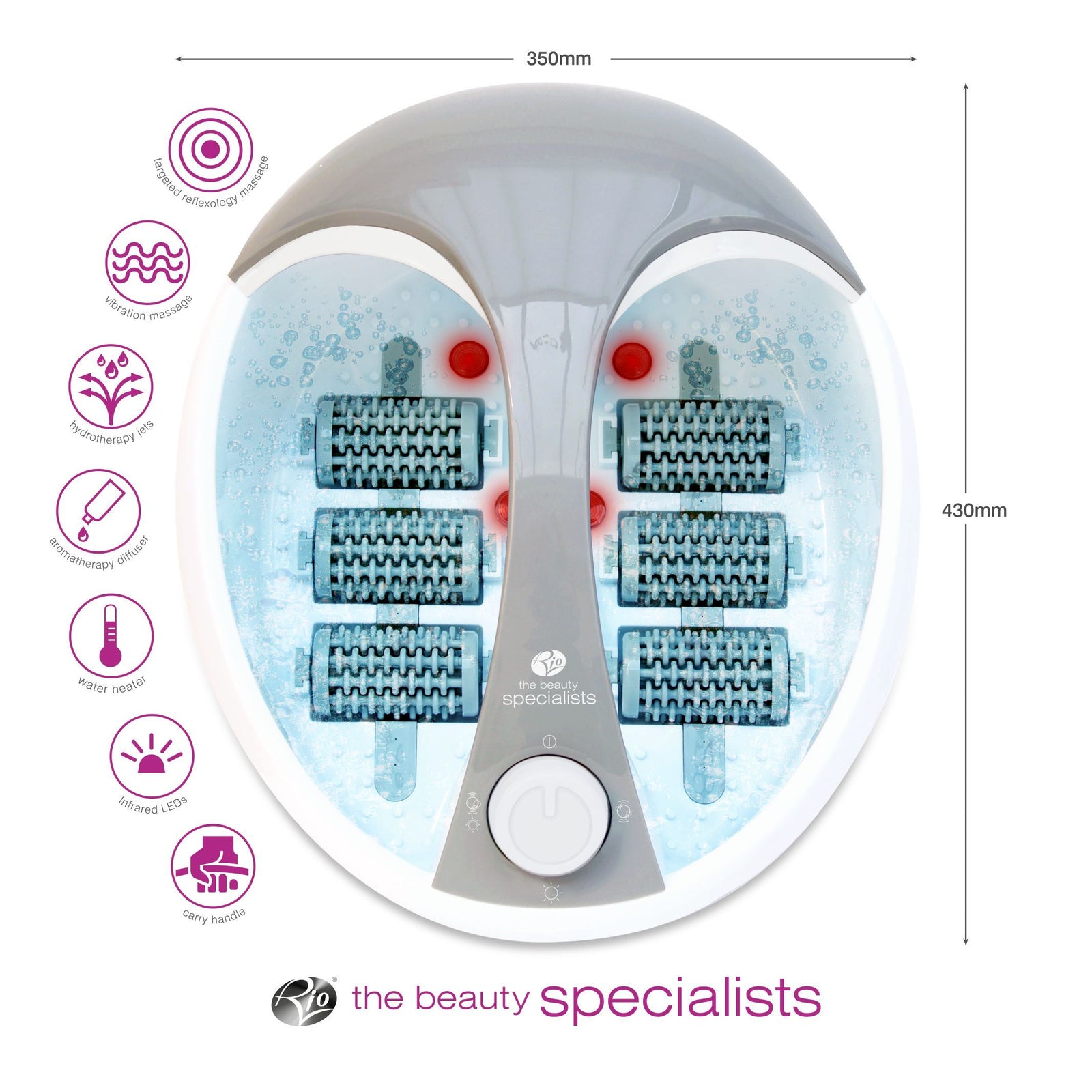 Deluxe Foot Spa with dimensions - 350mm wide by 430mm long. Icons relating to the product are also shown.