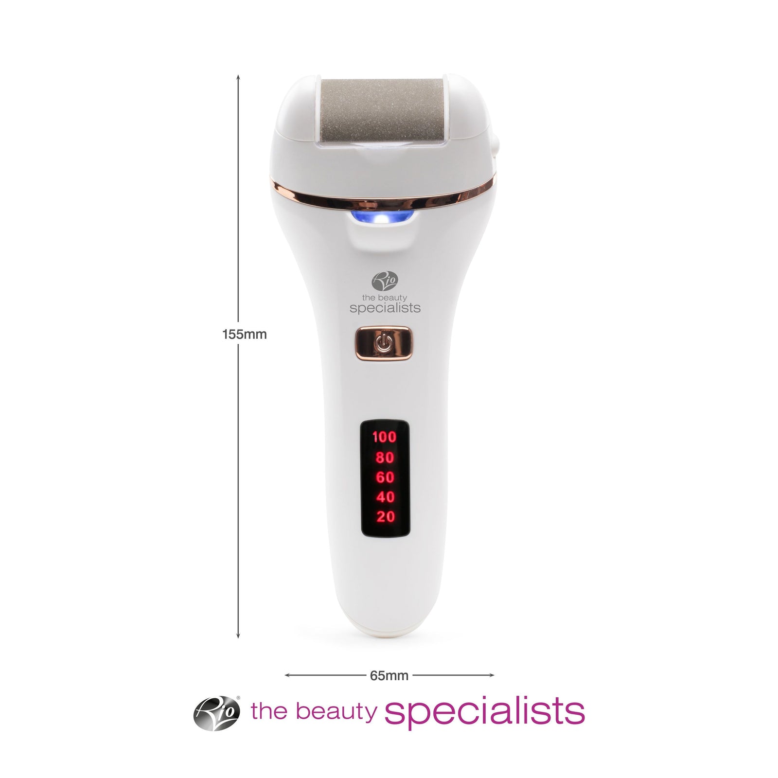 Go smooth 60 second pedi hard skin remover with arrows labelling the height 155m and width 65mm