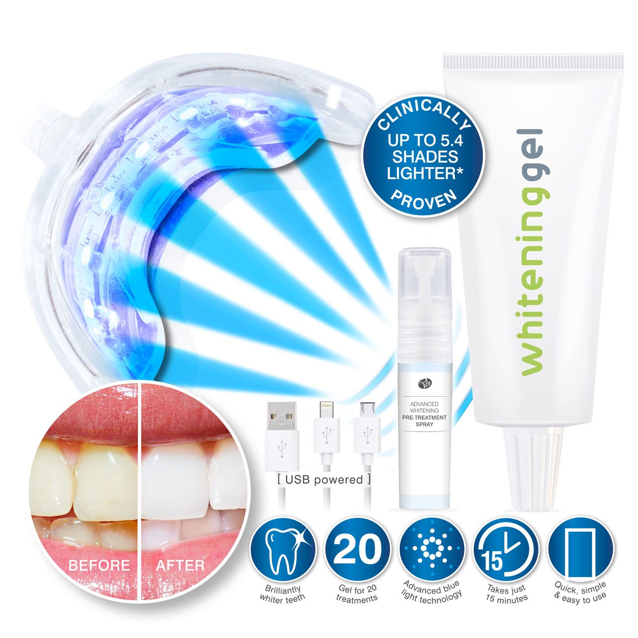 rio smile white advanced blue light teeth whitening kit with hotspot image of before and after smile and illustrated list of features: brilliantly whiter teeth, gel for 20 treatments, advanced blue light technology, takes just 15 minutes and quick, simple & easy to use