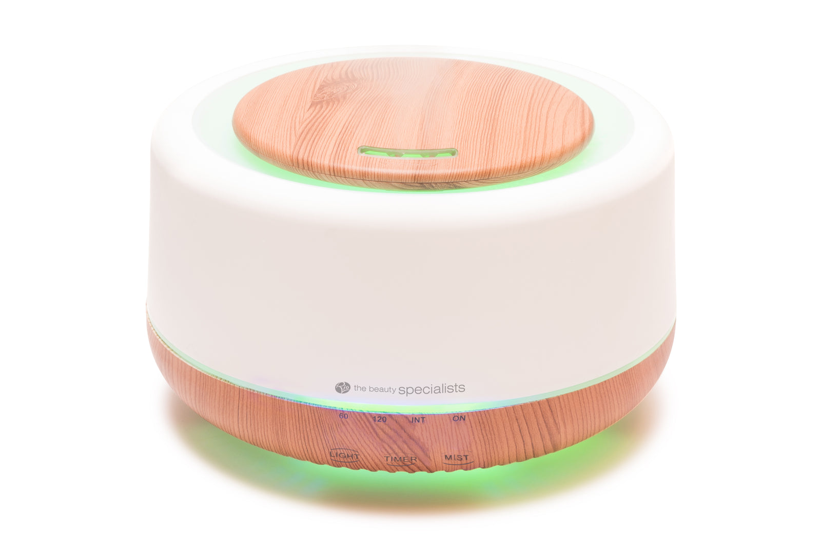 The Rio ALORA Aroma Diffuser, Humidifier & Night-Light features a round modern design with wood grain top and base, a white center, soft green night-light at the bottom edge, and front control buttons.