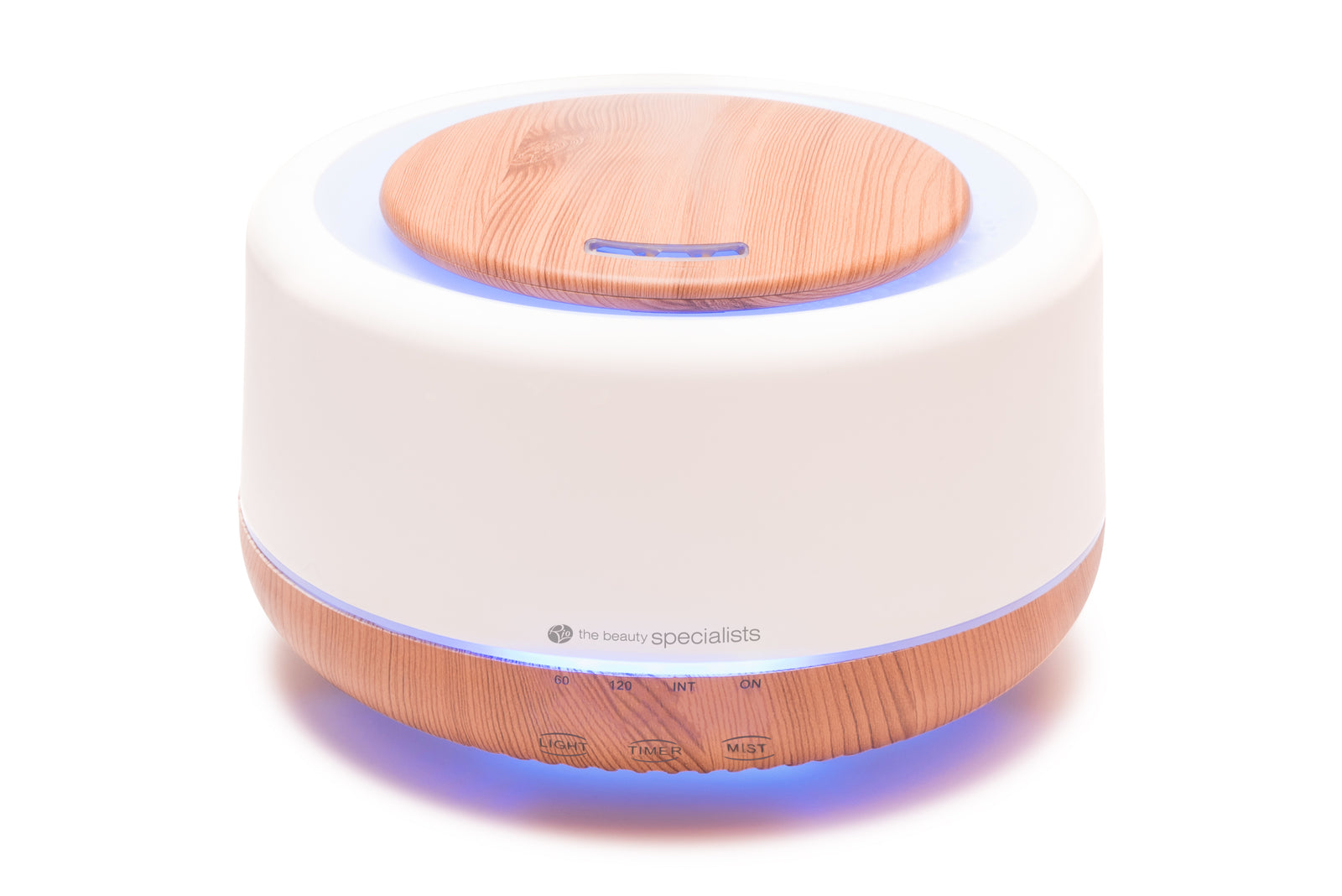 The Rio ALORA Aroma Diffuser, Humidifier & Night-Light features a round white body with light wood accents, control buttons, and a glowing blue base for ambiance.