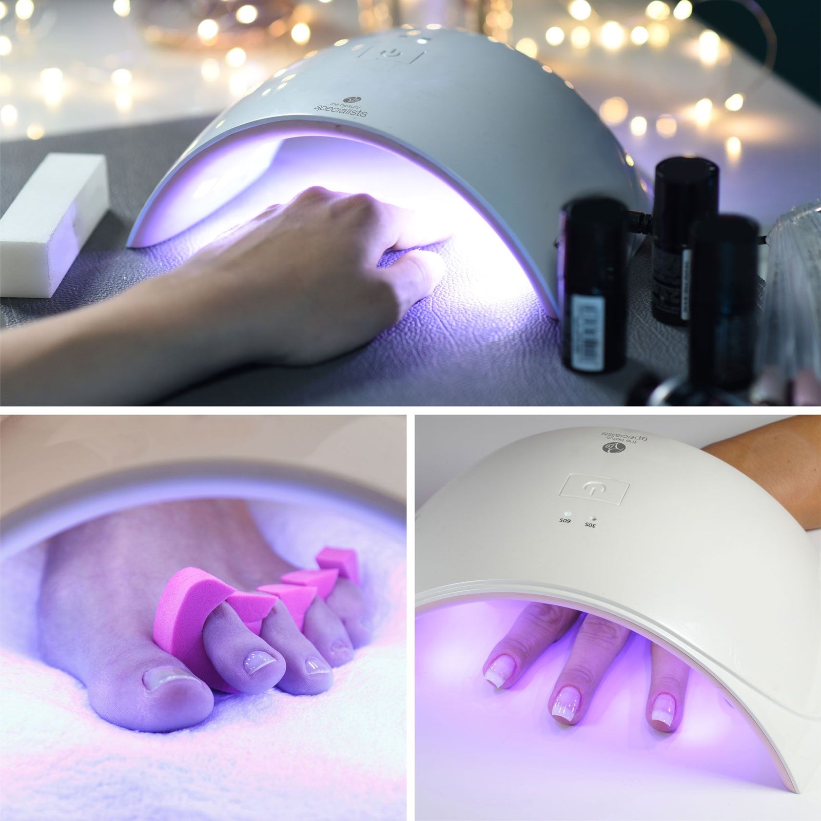 three images showing UV lamp being used on nails and toes